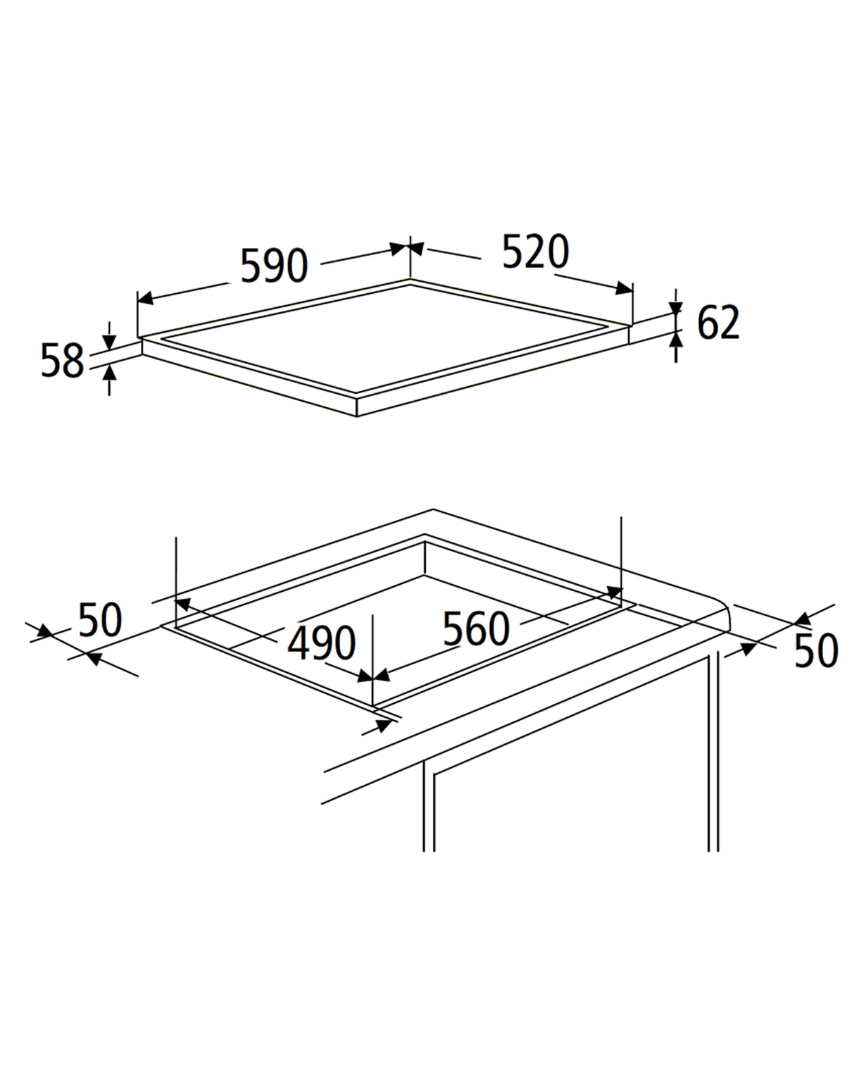 Technische Zeichnung eines Kochfelds mit Maßen. Gesamtbreite 590mm, Tiefe 520mm, Höhe 62mm.
