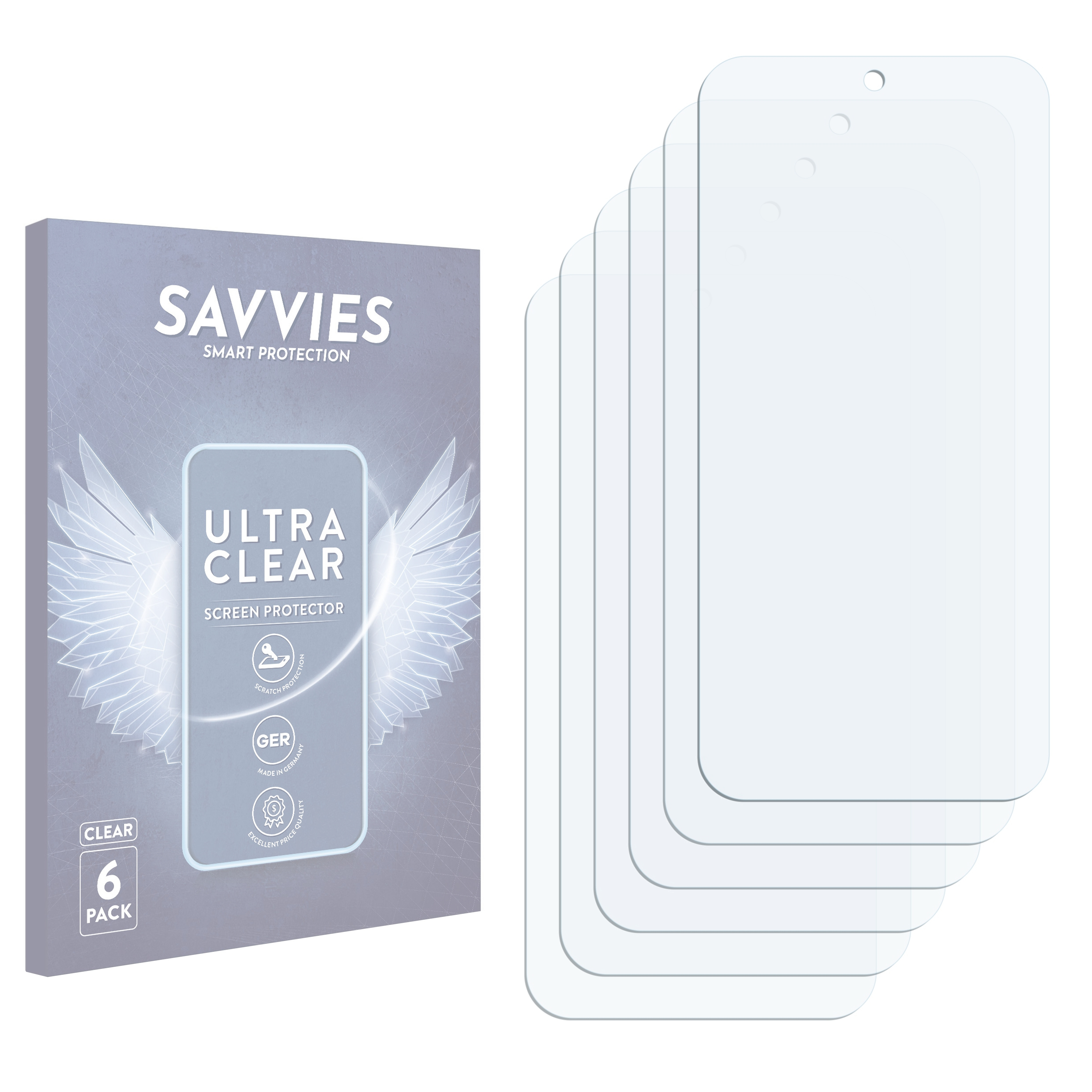 Verpackung mit sechs Displayschutzfolien. Savvies Ultra Clear.