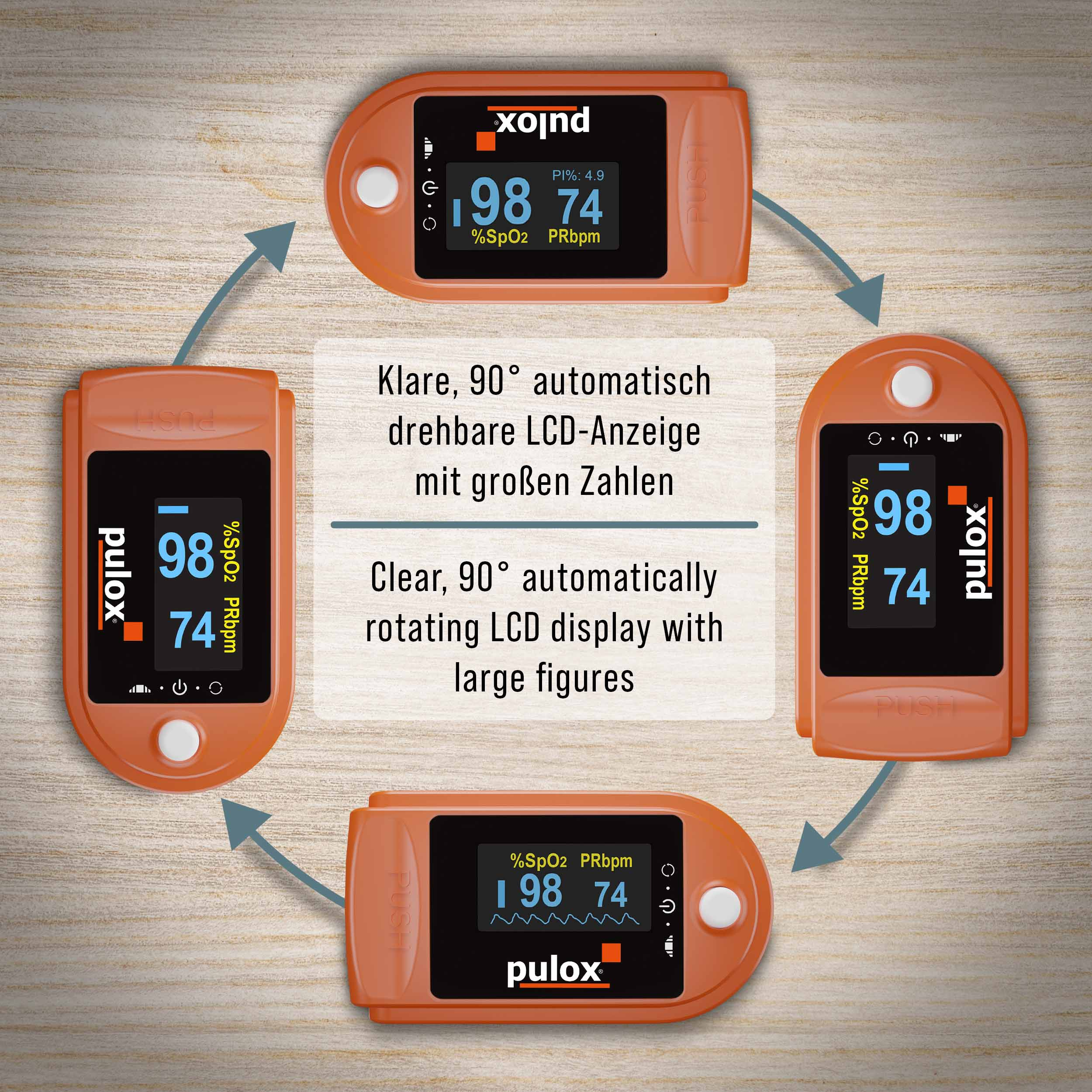 Orange Pulox Pulsoximeter mit drehbarem Display auf Holzuntergrund.