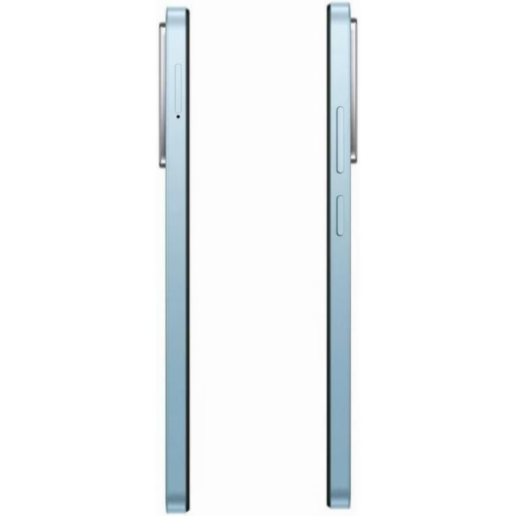 Dos teléfonos inteligentes azules uno al lado del otro de perfil sobre fondo blanco.