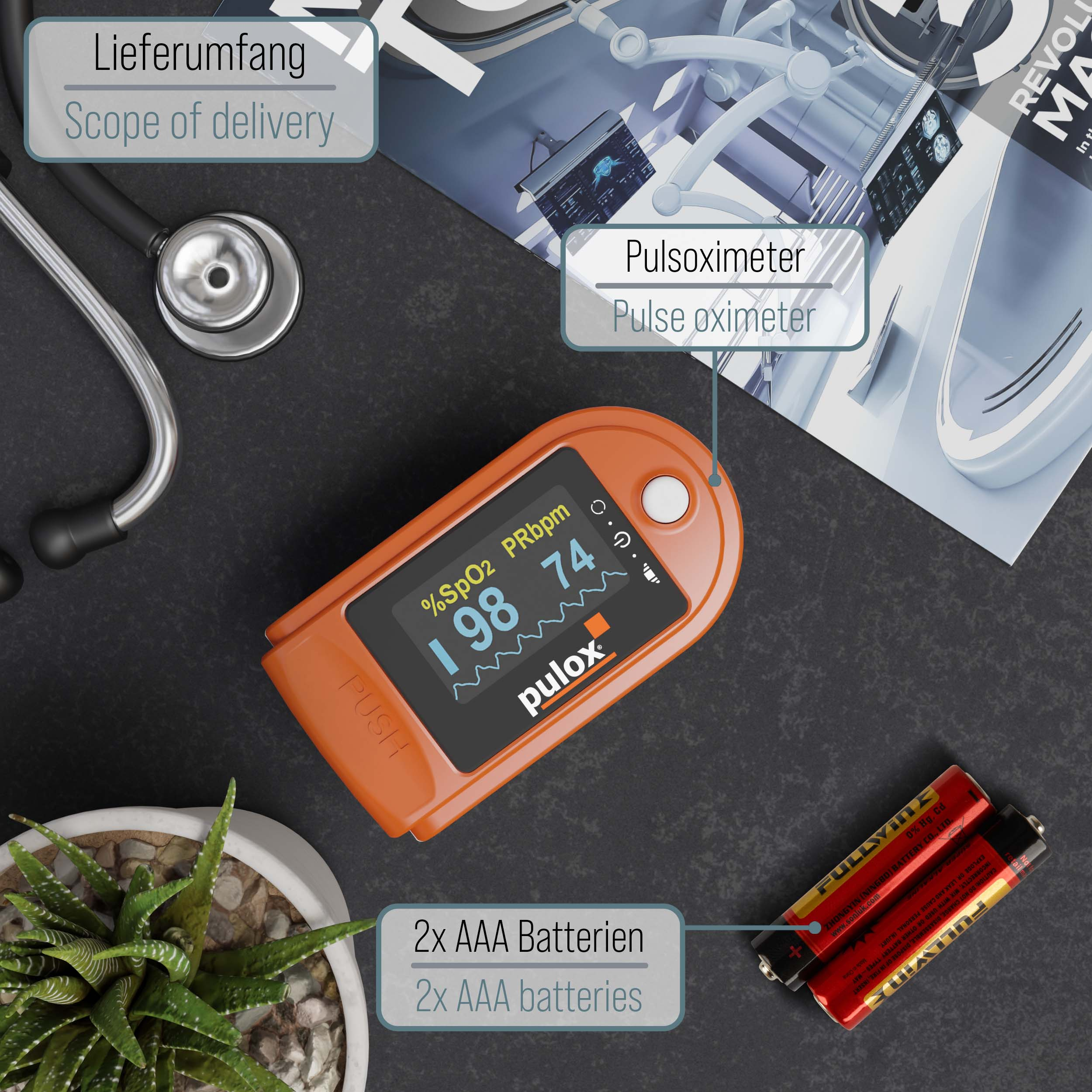 Ein Pulsoximeter mit Anzeige, Stethoskop, Pflanze und AAA-Batterien auf dunklem Grund.