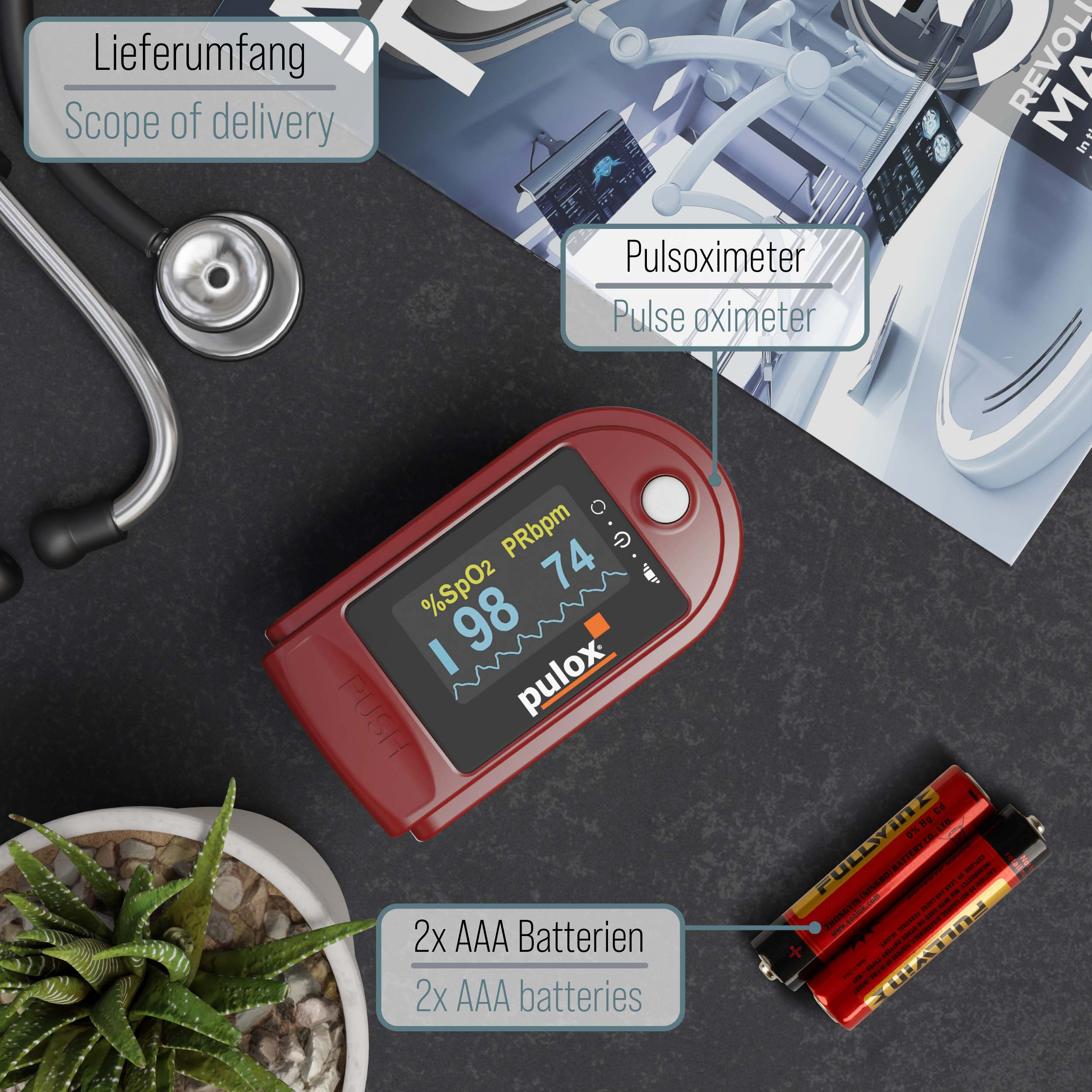 Ein rotes Pulsoximeter mit Display, Stethoskop, Pflanze und Batterien.