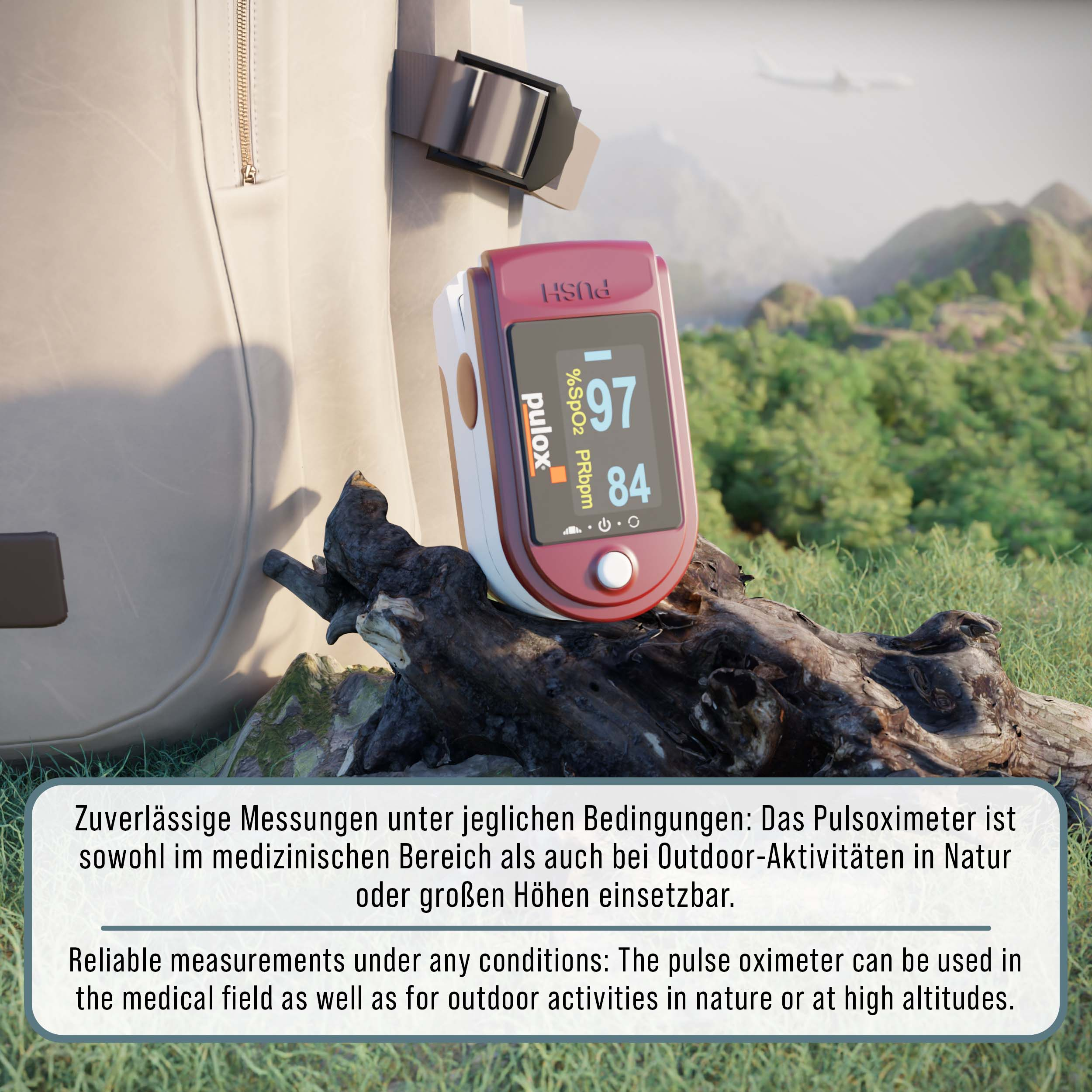 Ein Pulsoximeter auf einem Baumstamm mit Berglandschaft im Hintergrund.