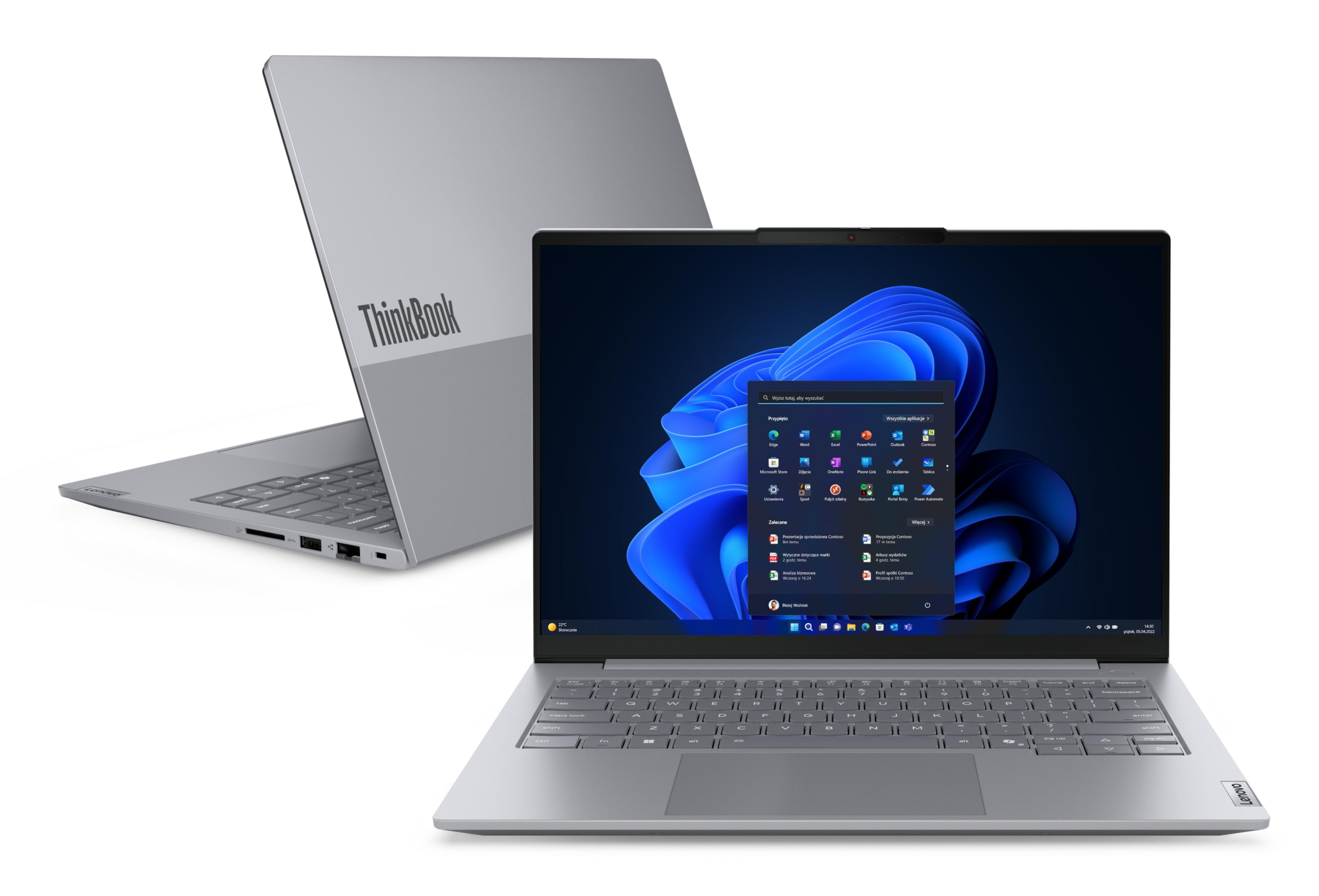 Srebrny laptop Lenovo ThinkBook z otwartym ekranem, wyświetlający system Windows 11.