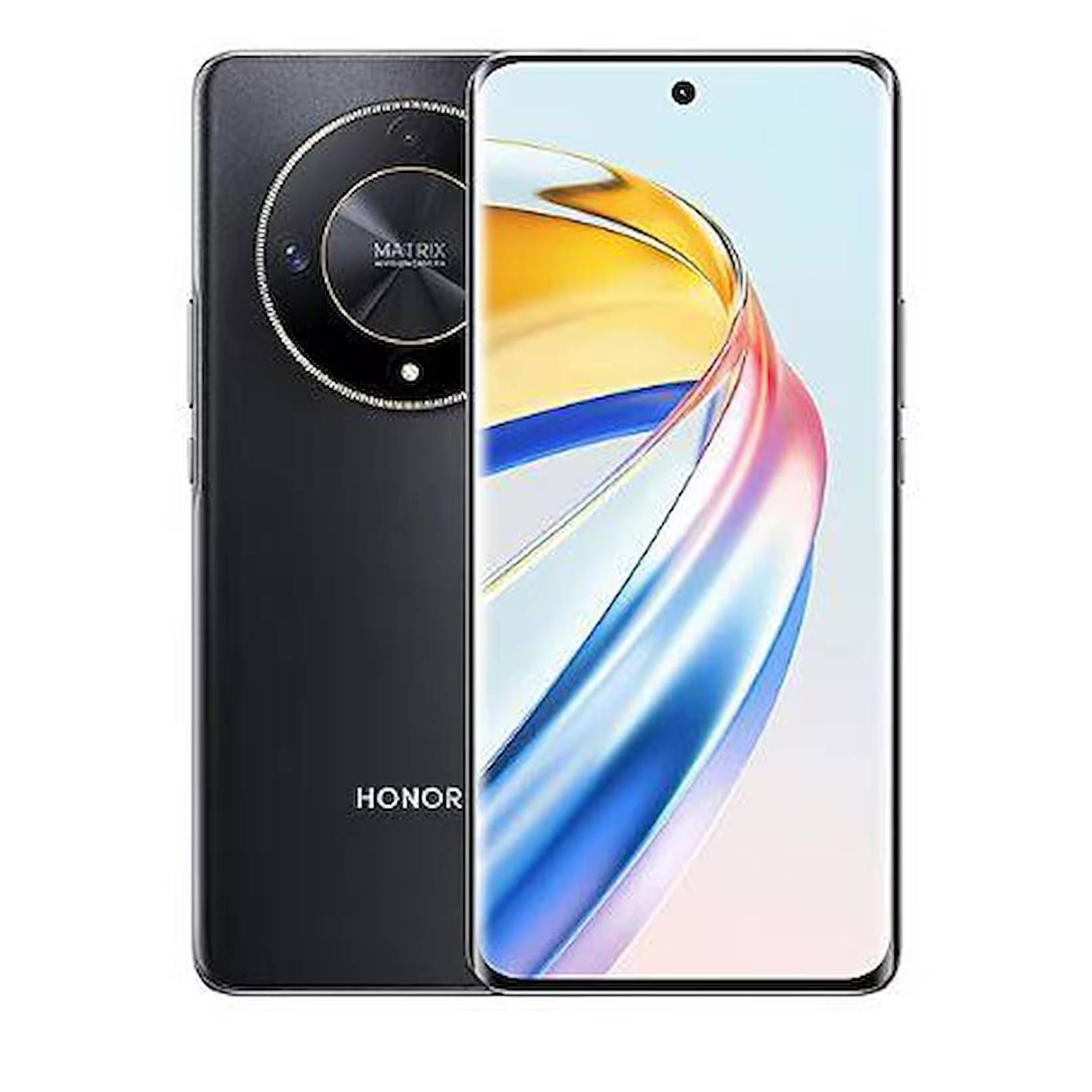 Matrix kamera modüllü ve kavisli ekranlı siyah bir Honor akıllı telefon.