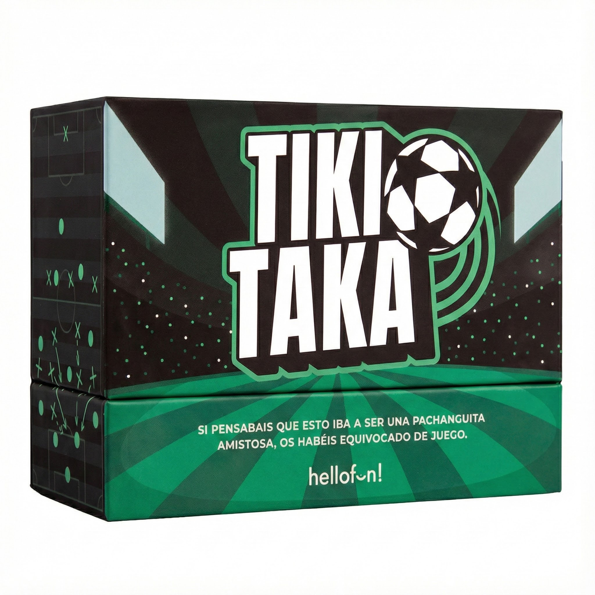 Caja del juego Tiki Taka con motivos de fútbol y campo.