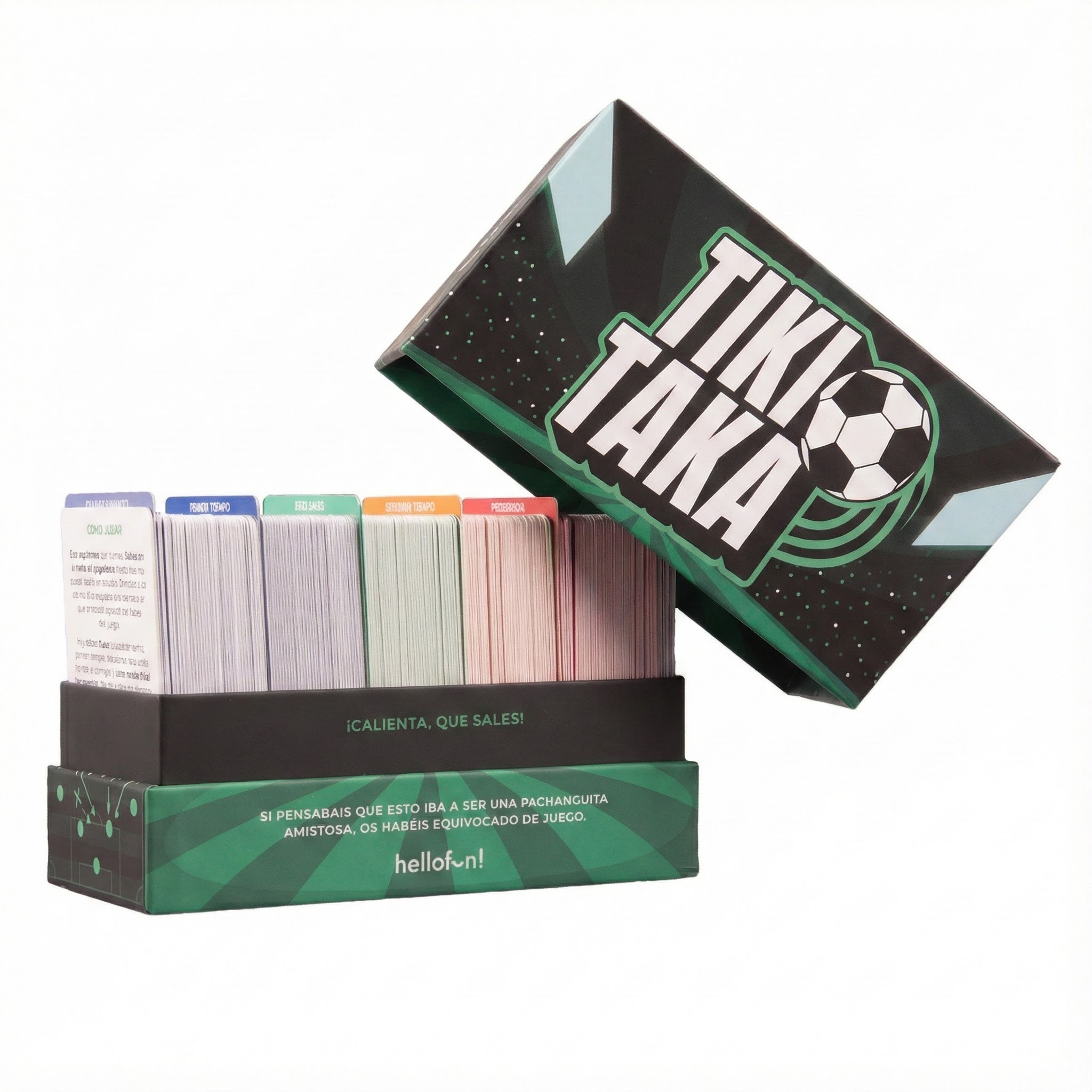 Un juego de cartas Tiki Taka, abierto, mostrando cartas y su tapa abierta.