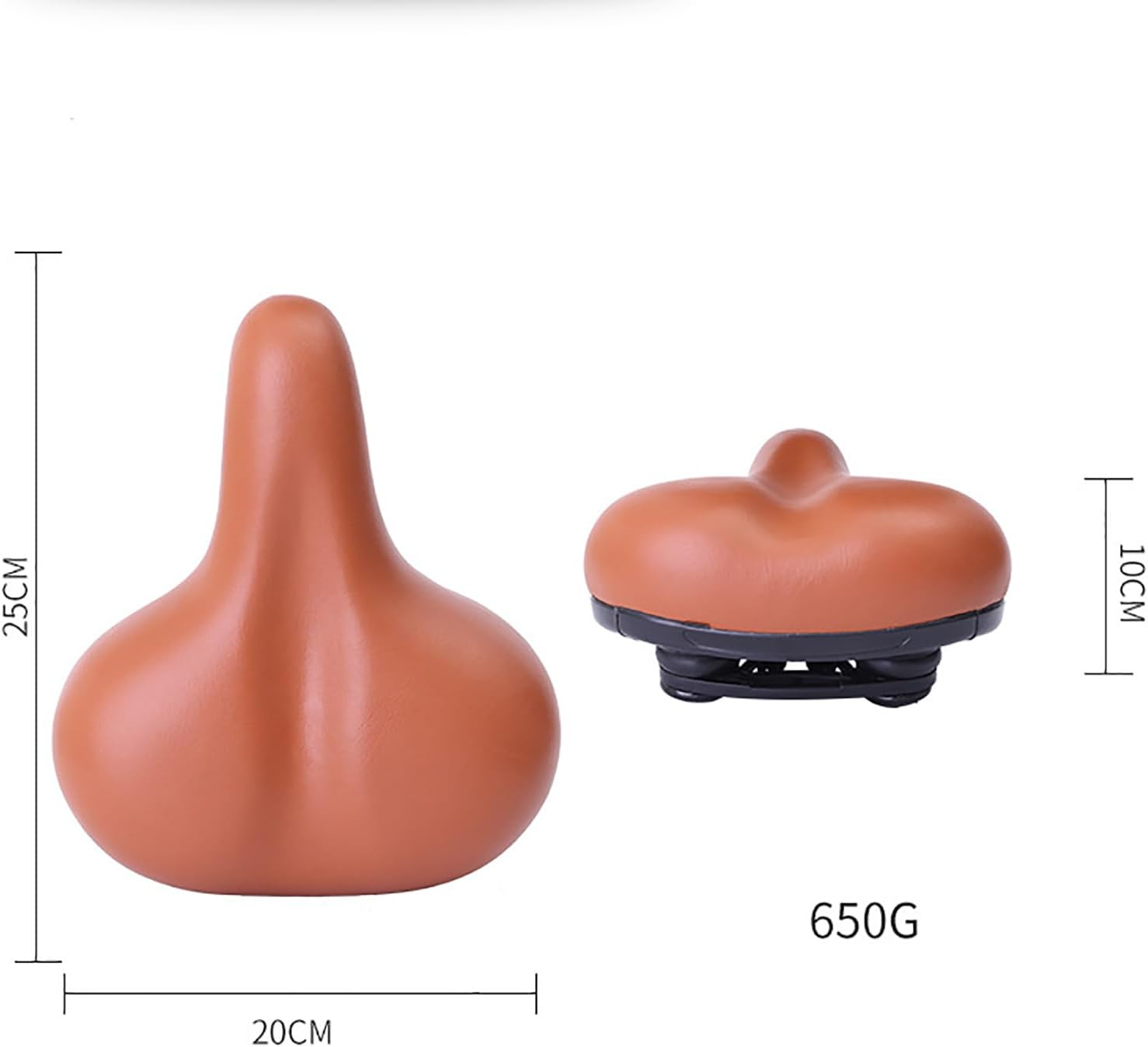 Ein brauner Fahrradsattel wird mit seinen Maßen (25x20 cm) und Gewicht (650G) angezeigt.