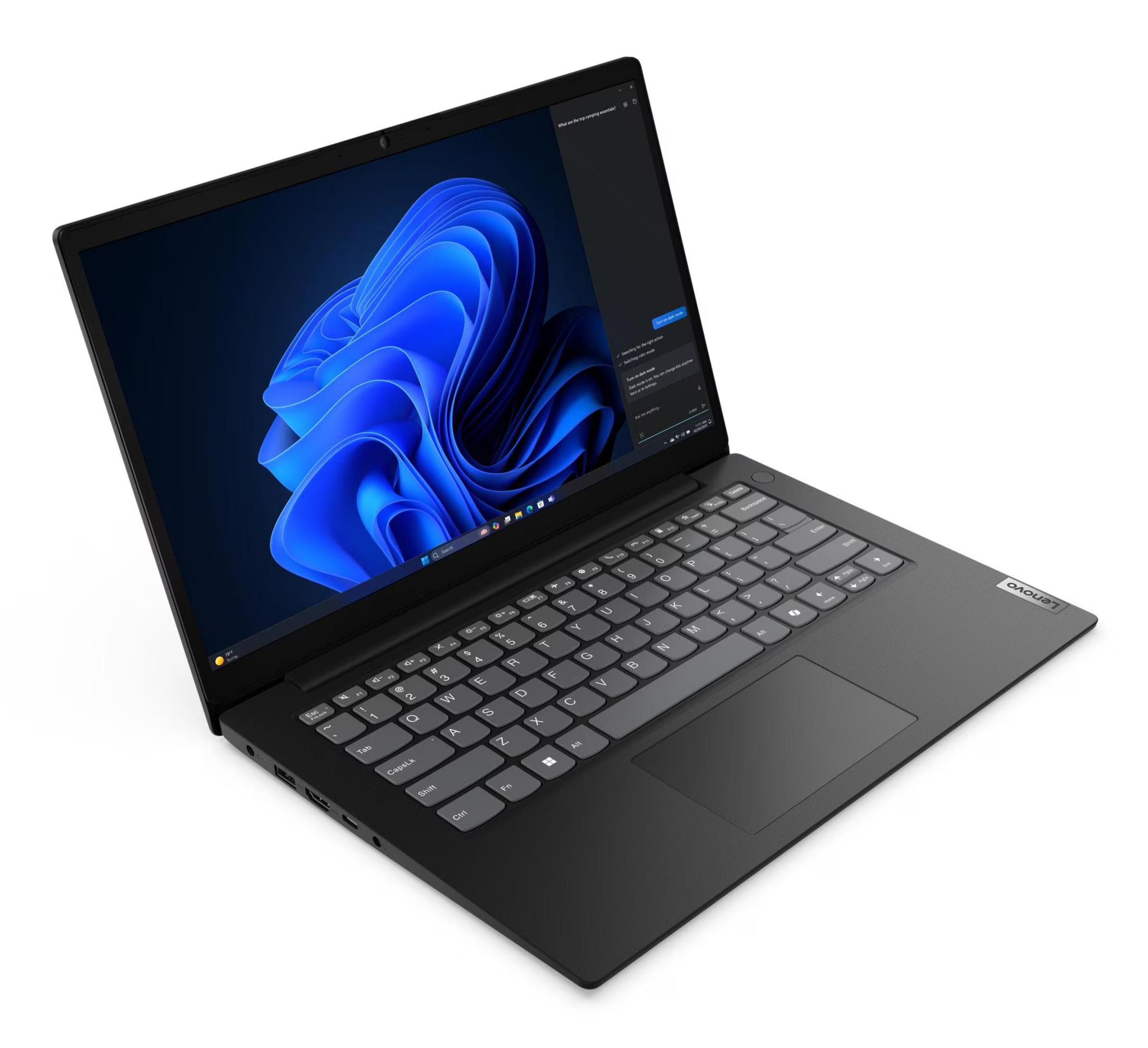 Czarny laptop z otwartym ekranem, pokazujący niebieski abstrakcyjny wzór i elementy interfejsu Windows.