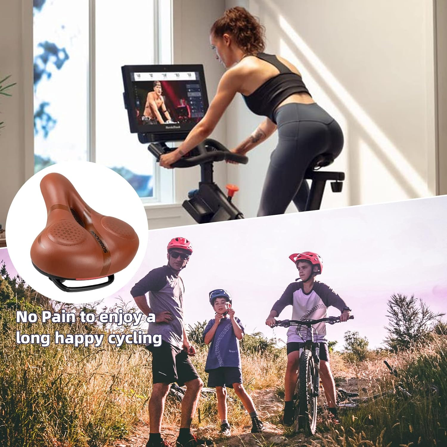 Collage: Frau auf Heimtrainer, brauner Fahrradsitz, Familie radelt draußen.