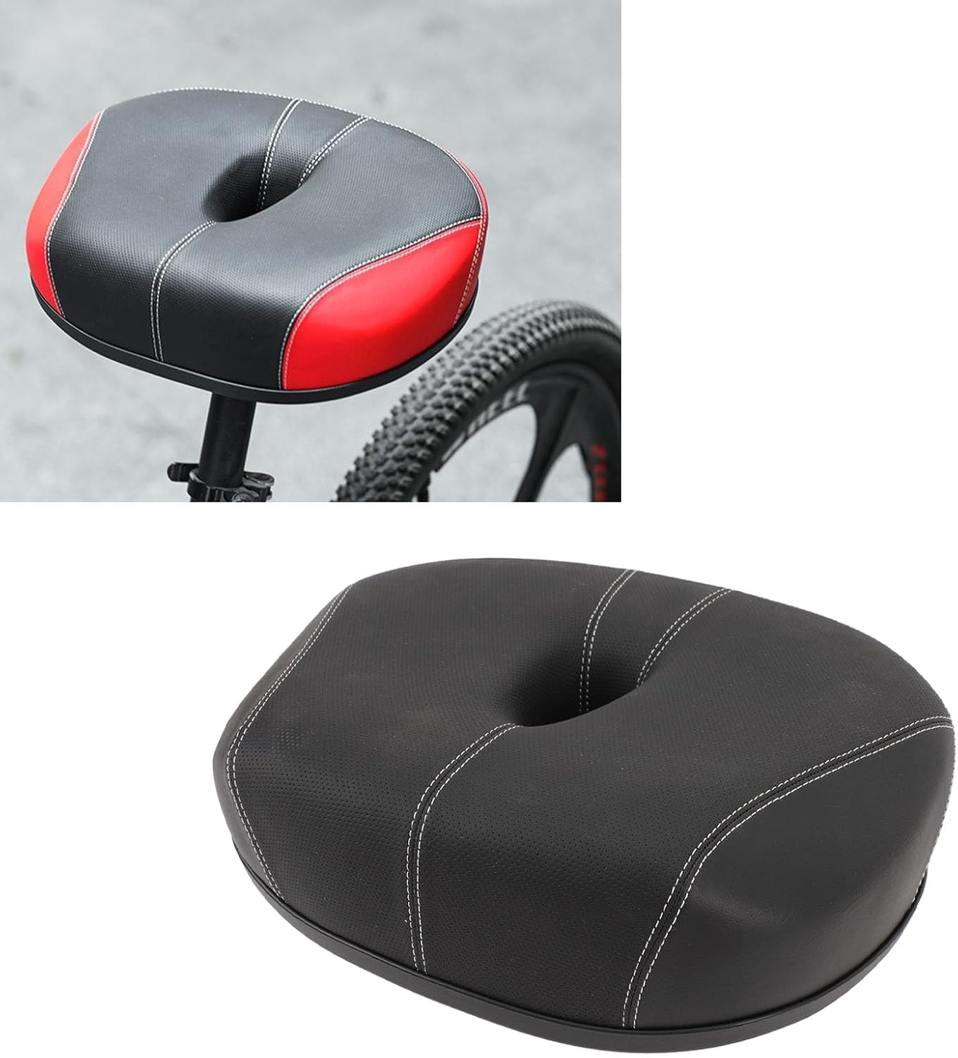 Schwarzer und roter Fahrradsattel mit weißer Naht und Loch in der Mitte.