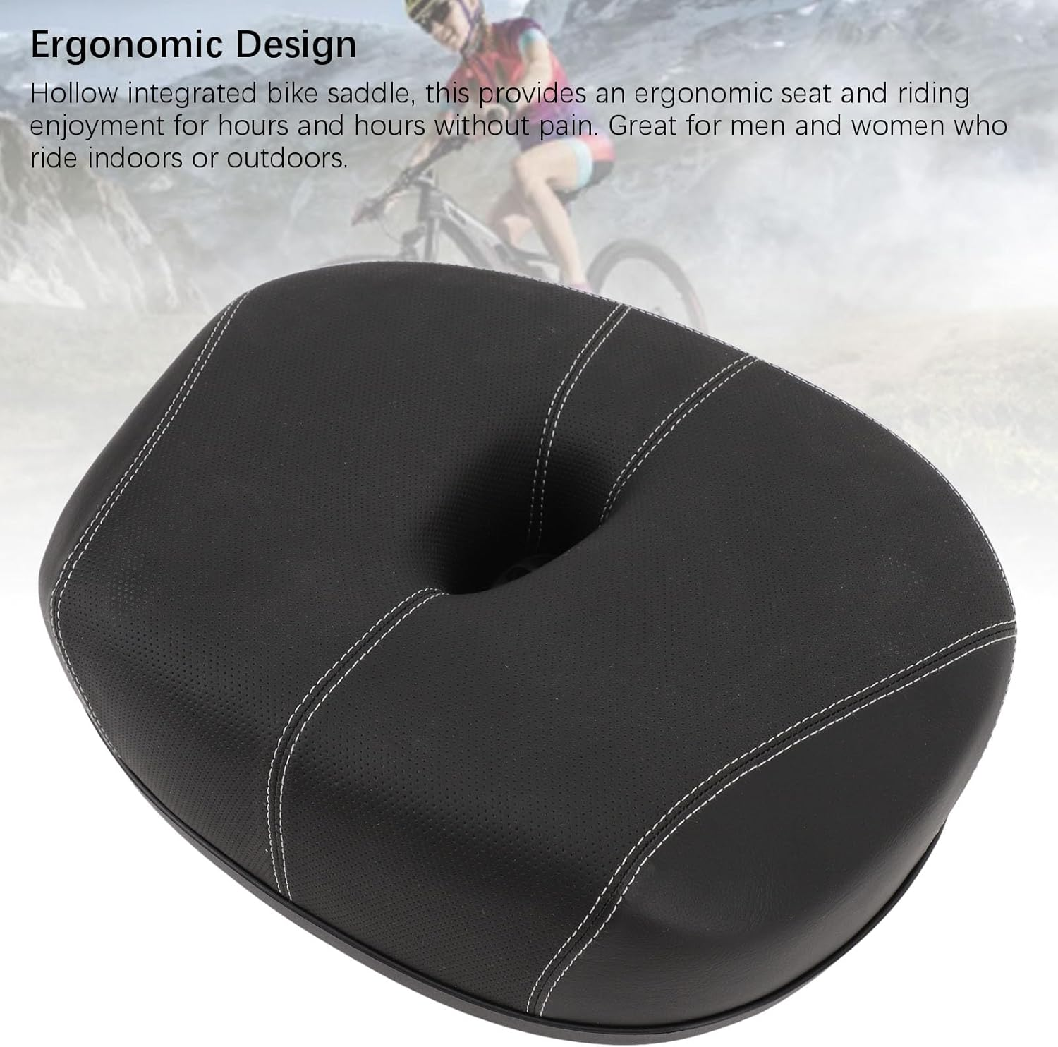 Schwarzer Fahrradsattel mit ergonomischem Design und weißer Naht.