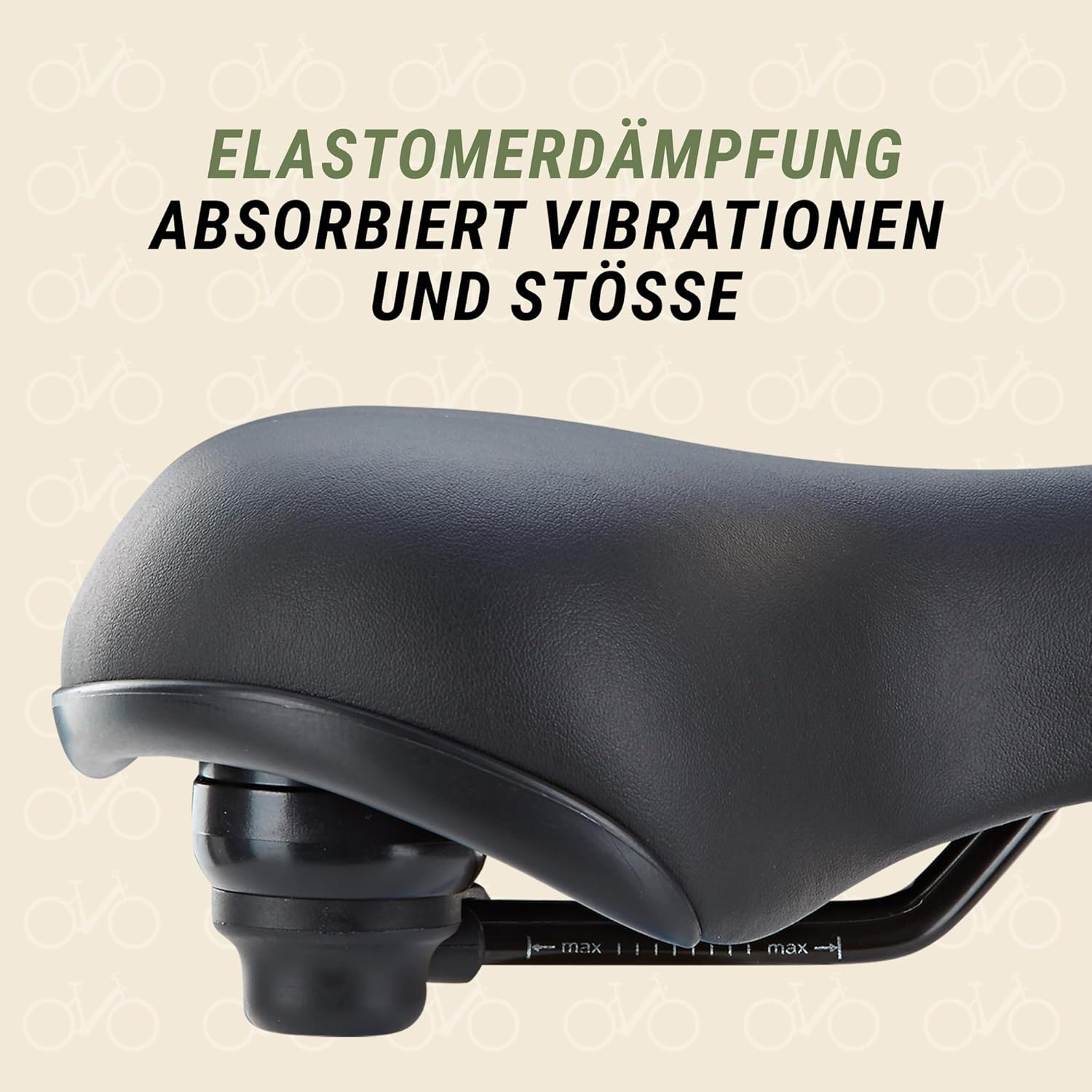 Schwarzer Fahrradsattel mit Elastomerfederung, die Vibrationen absorbiert.
