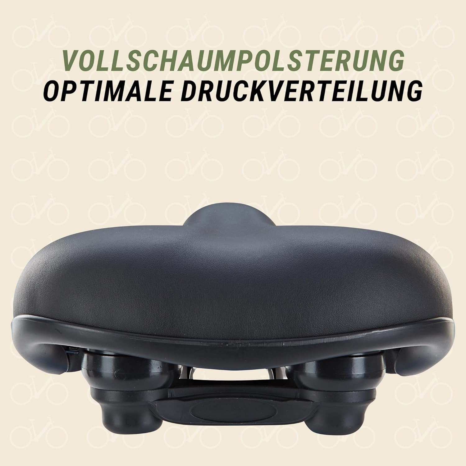 Schwarzer Fahrradsattel mit Federung und Text in Grün und Schwarz.