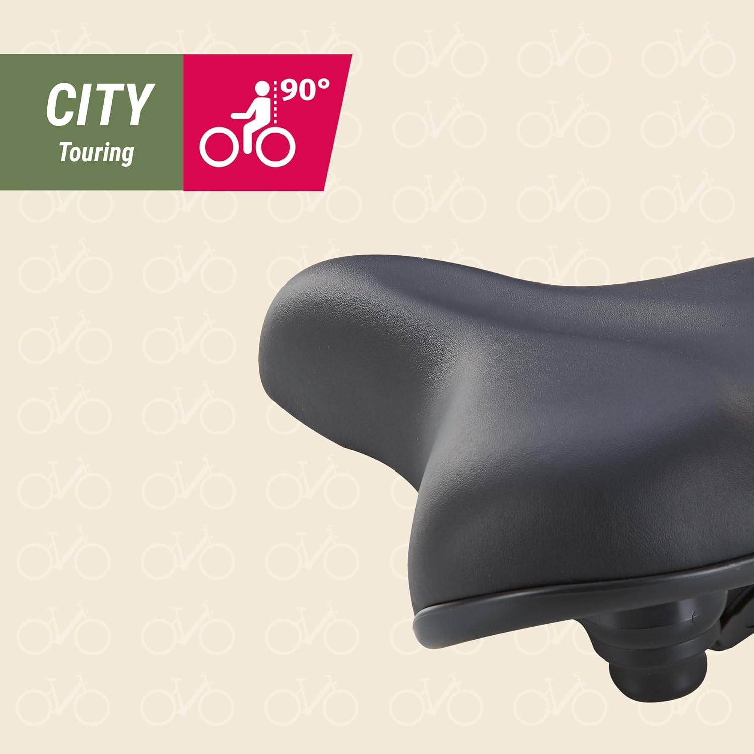 Schwarzer Fahrradsattel mit "CITY Touring"-Logo und 90°-Symbol.