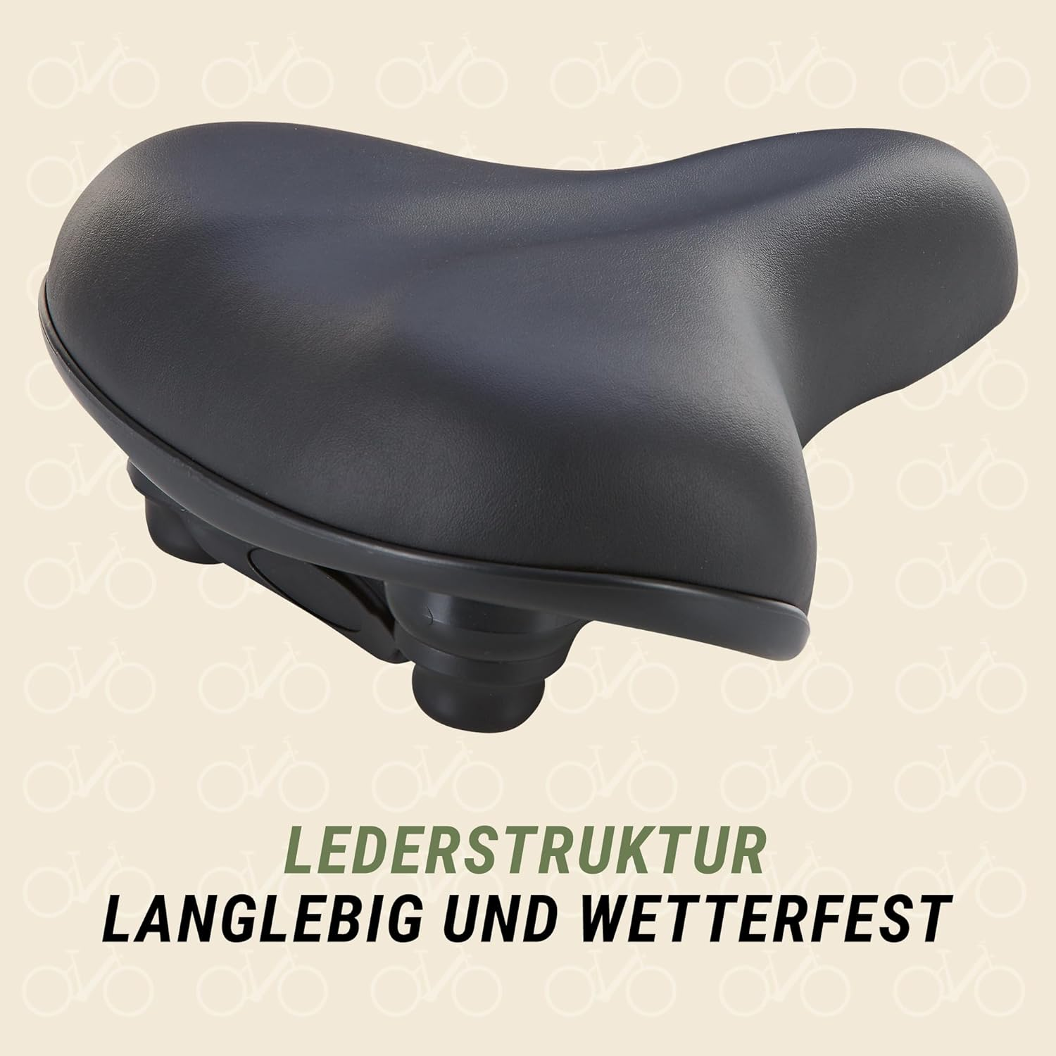 Schwarzer Fahrradsattel mit Lederstruktur, langlebig und wetterfest.