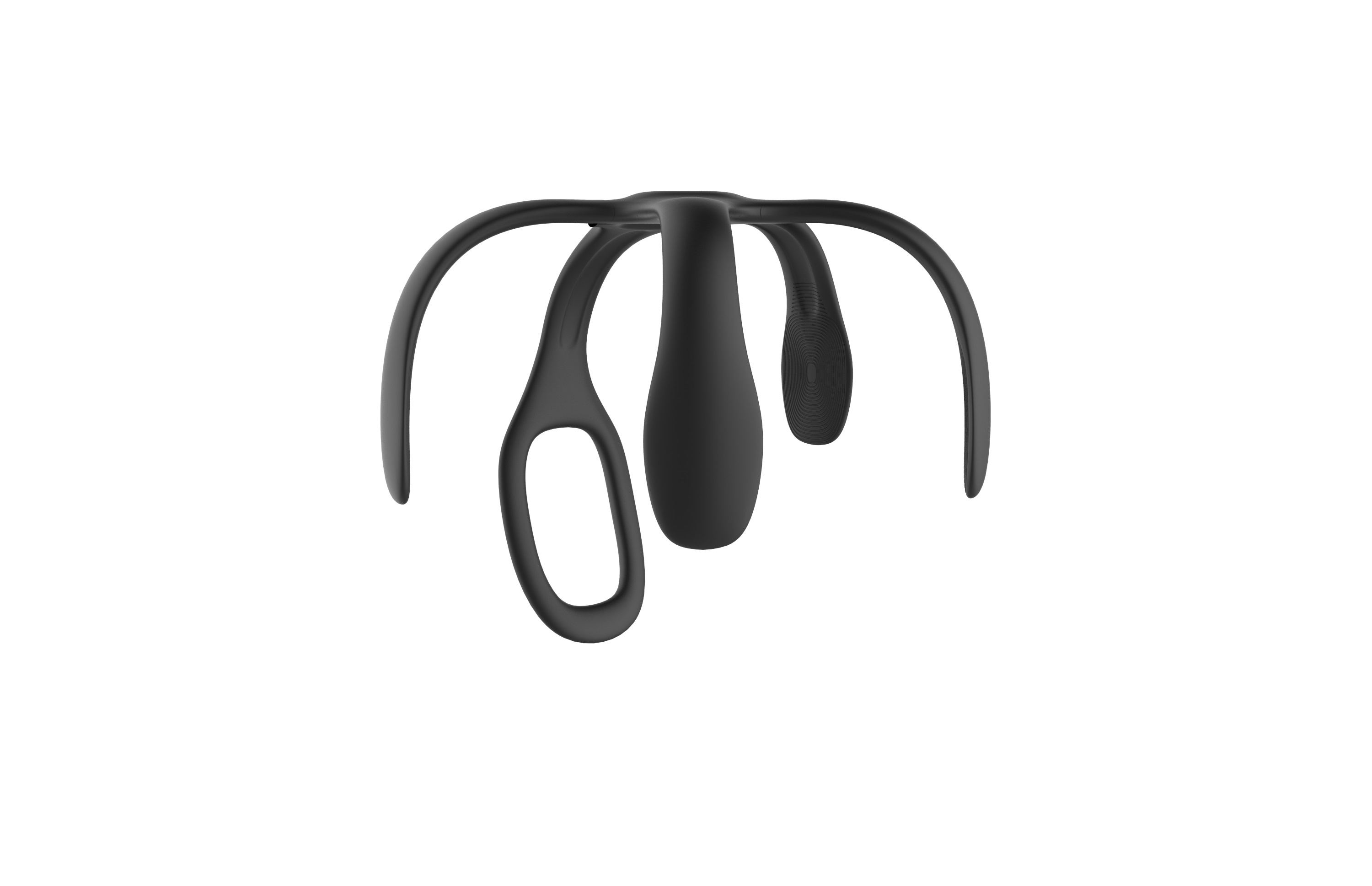 Ein schwarzes, flexibles Objekt mit mehreren Armen und einer zentralen Öffnung.