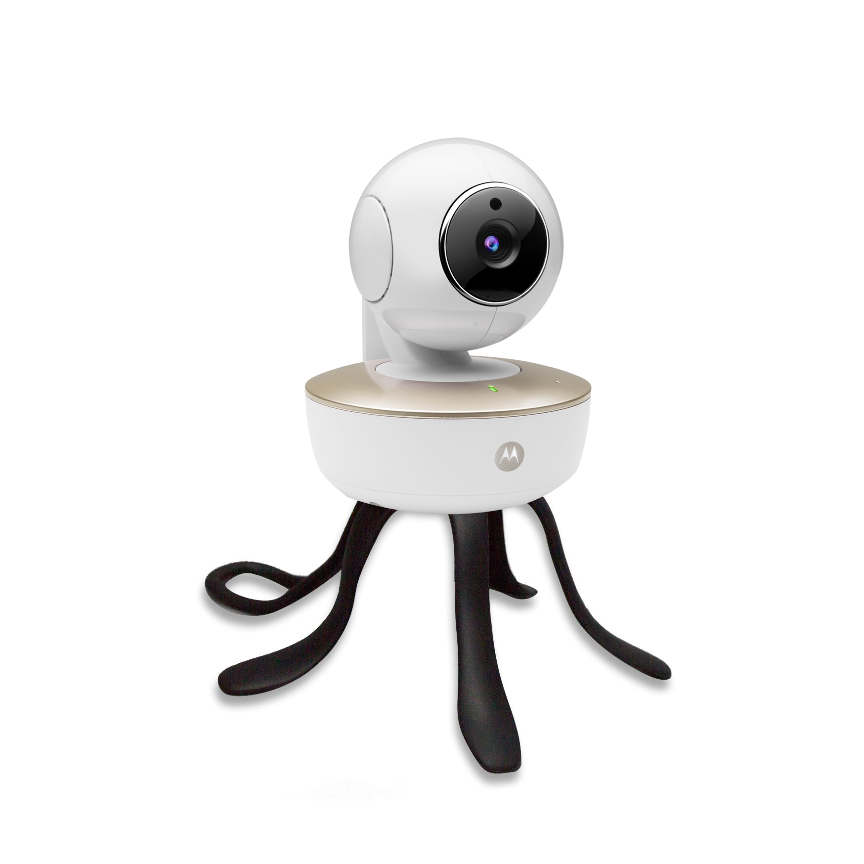Ein weißer Babyfon-Monitor mit flexiblen schwarzen Beinen.