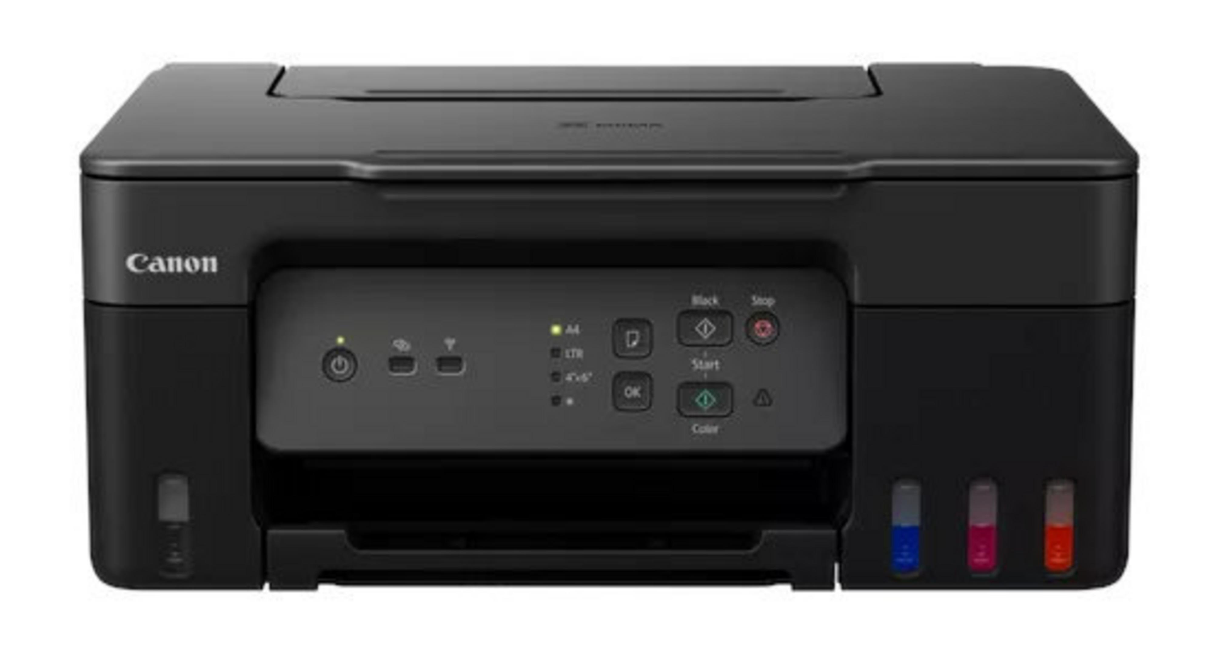 Görünür mürekkep tankları ve kontrol paneli olan siyah Canon yazıcı.