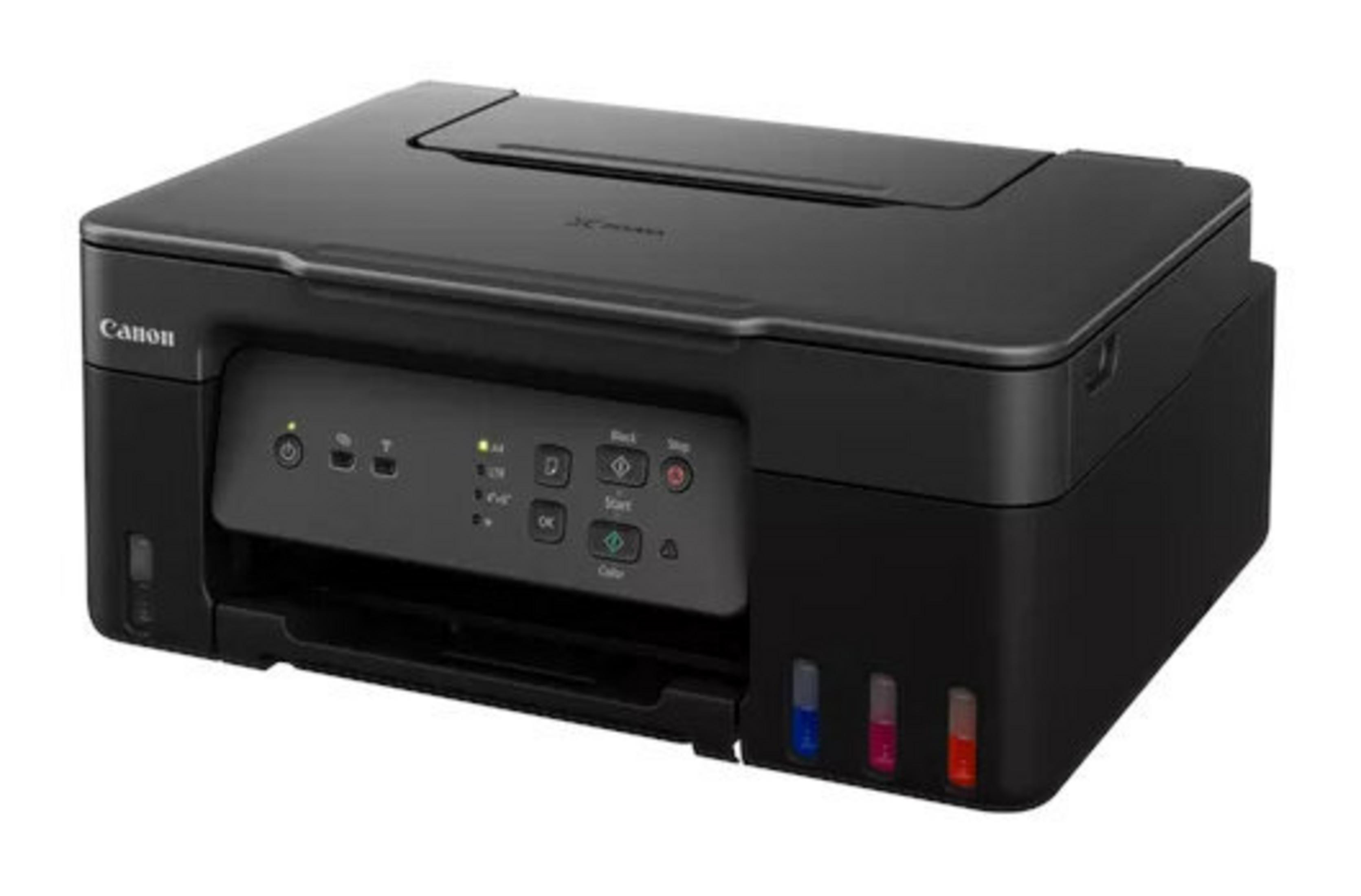 Mavi, magenta ve kırmızı mürekkep tankları görünen siyah bir Canon yazıcı.