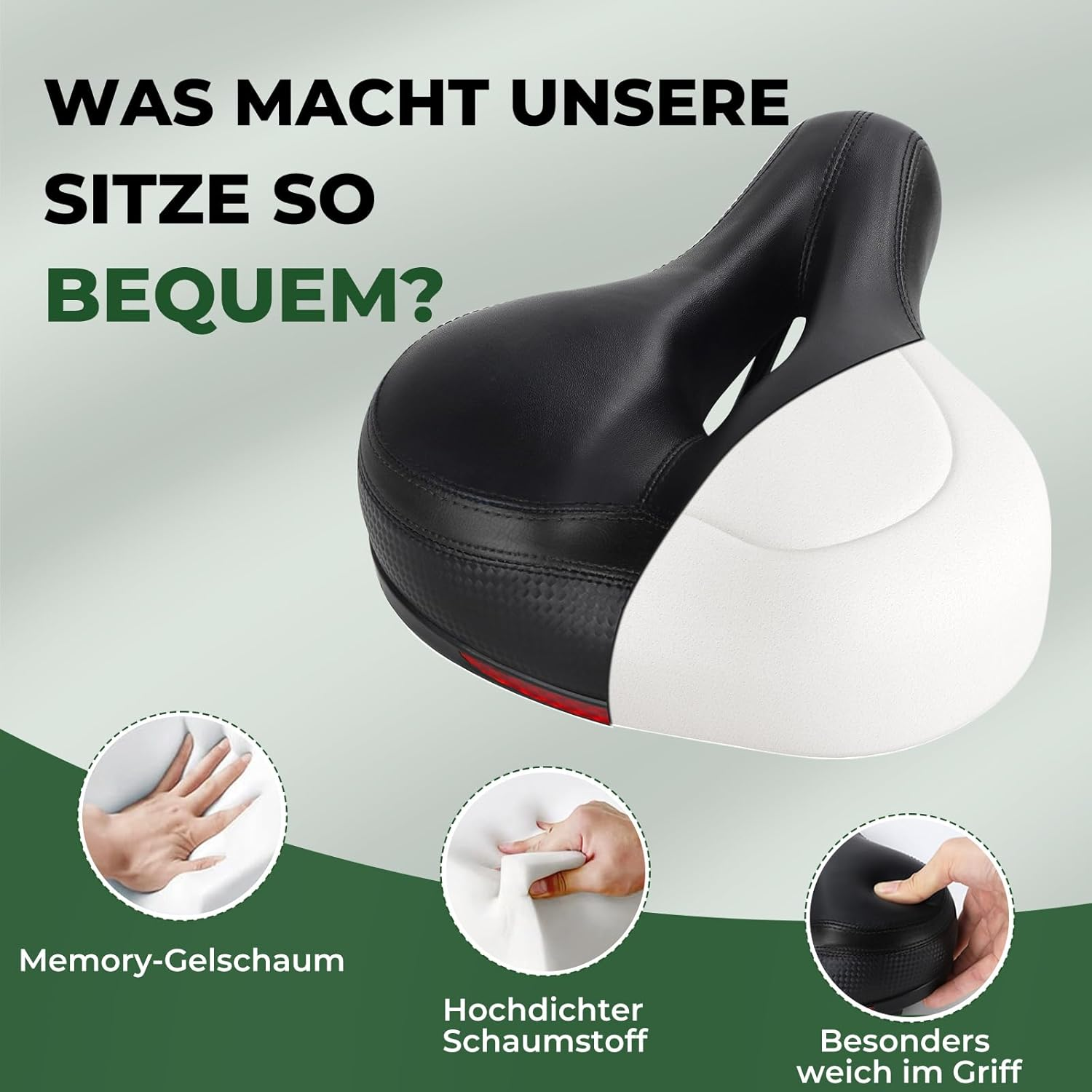 Ein schwarzer Fahrradsitz mit weißen Akzenten und drei Kreisen, die die Polsterung zeigen.