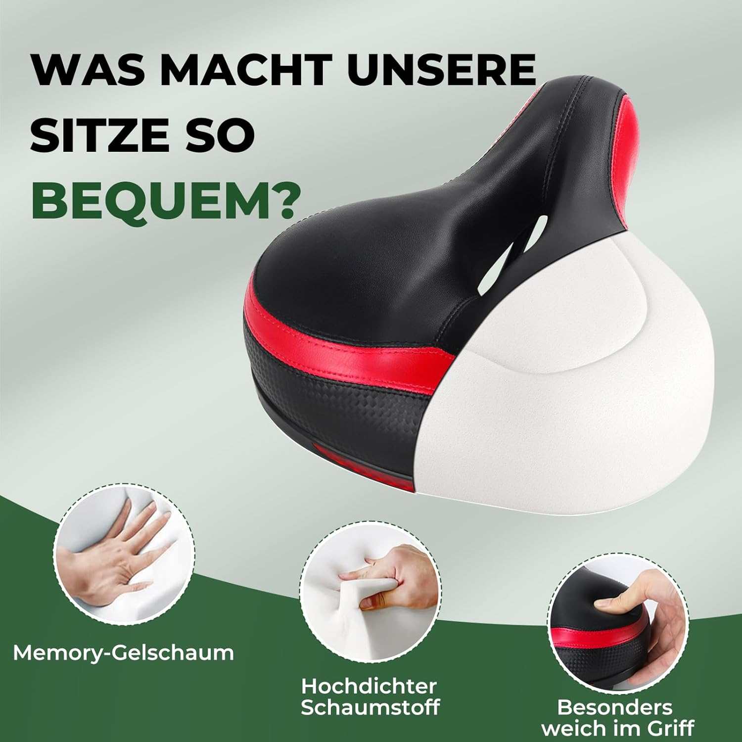 Ein bequemer Fahrradsitz mit roten Akzenten, zeigt Schaumstoff.
