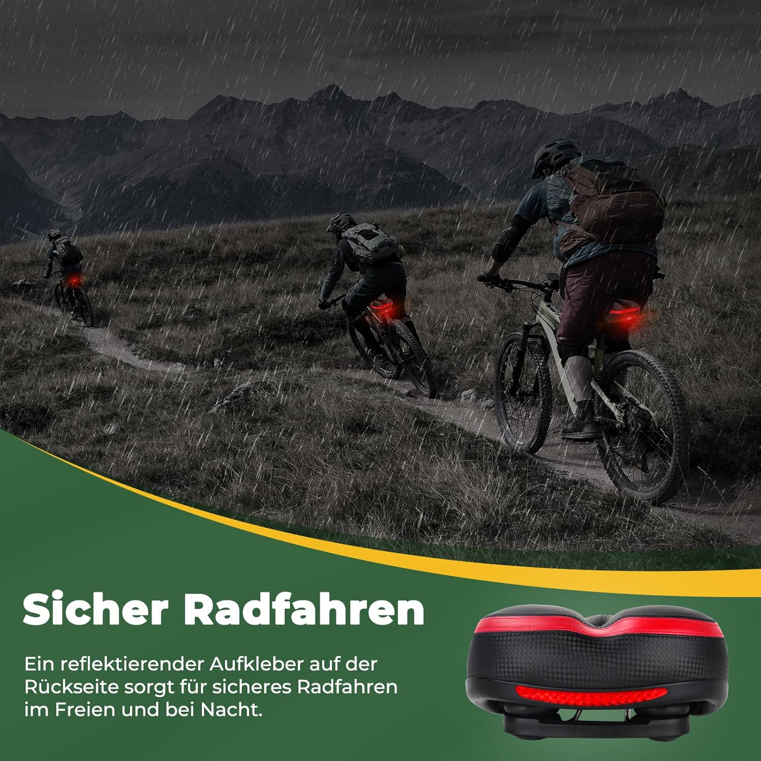 Radfahrer fahren bei Regen in den Bergen, mit roten Rückleuchten.