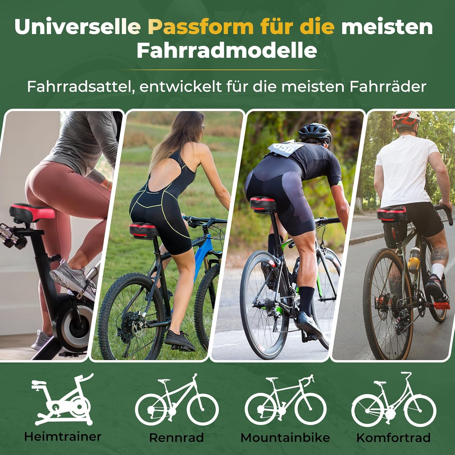 Vier Szenen zeigen Fahrradfahrer auf verschiedenen Rädern und einem Heimtrainer.