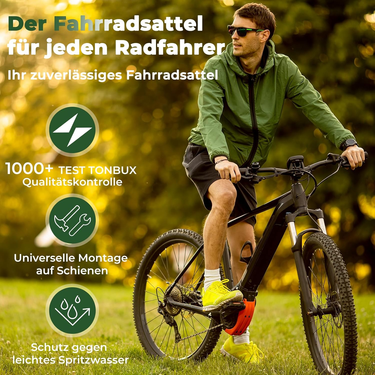 Mann auf Fahrrad mit Text: "Der Fahrradsattel für jeden Radfahrer"