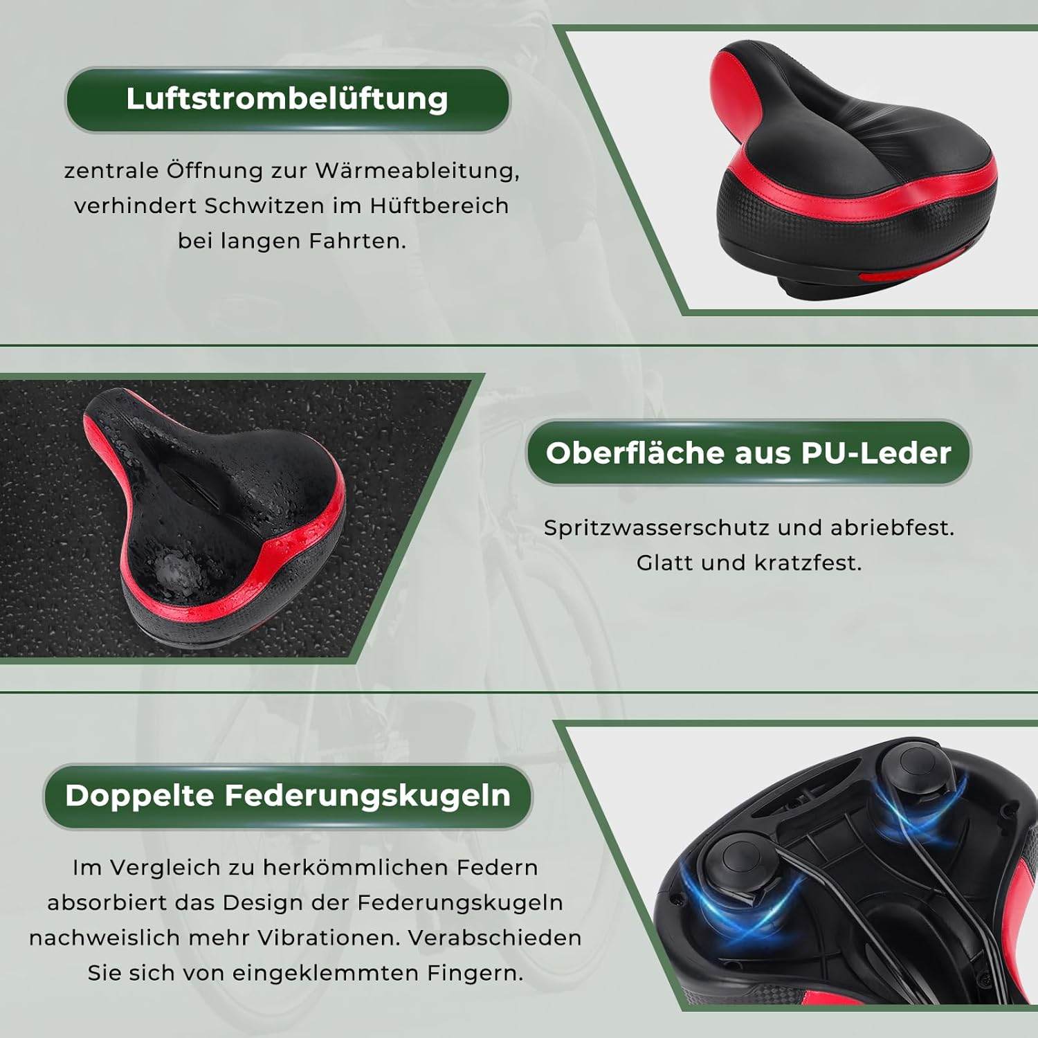 Schwarzer Fahrradsitz mit roten Akzenten, Lüftungsöffnung und doppelten Stoßdämpfern.