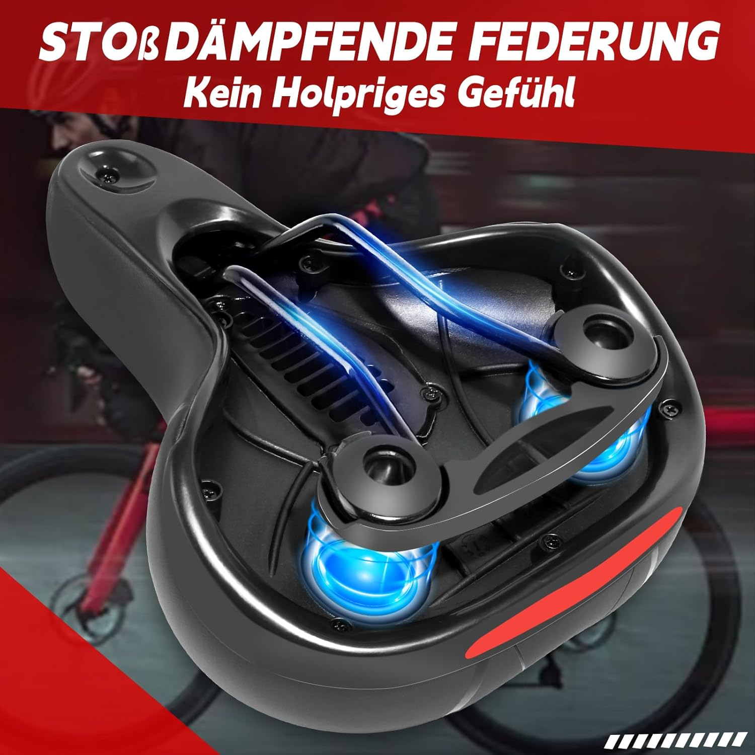 Stoßdämpfende Fahrradsattel mit blauen Federelementen und rotem Streifen.