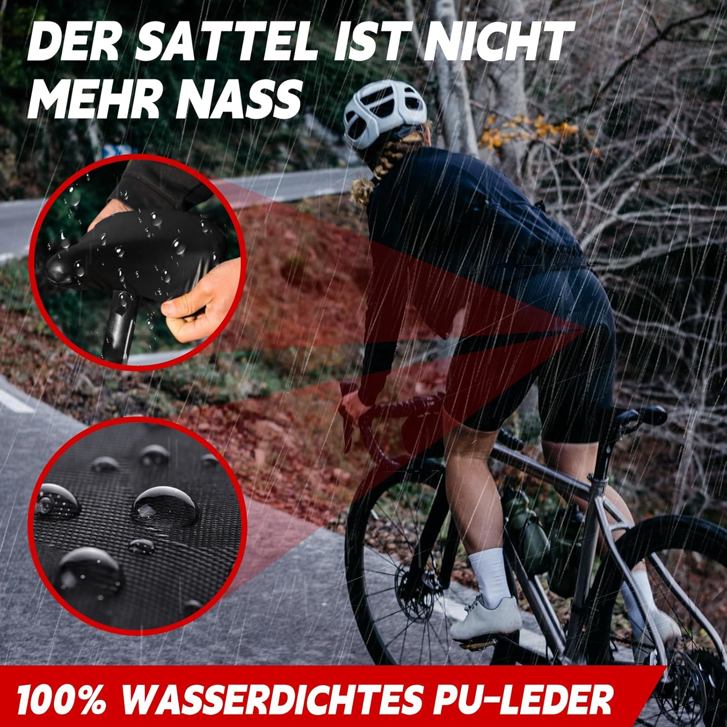 Eine Radfahrerin fährt im Regen. Nahaufnahmen zeigen Wassertropfen auf dem Sattel.