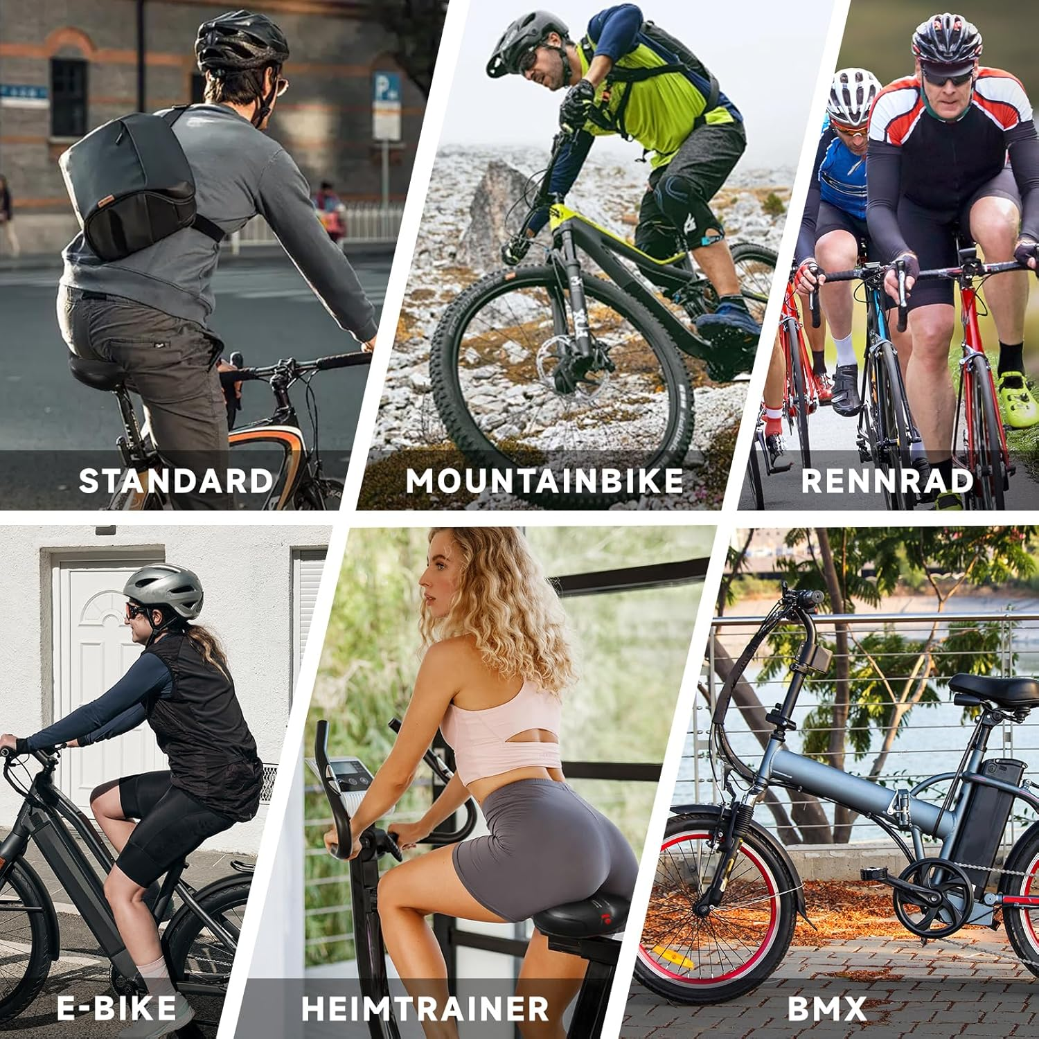 Sechs Fahrradtypen: Standard, Mountainbike, Rennrad, E-Bike, Heimtrainer, BMX.