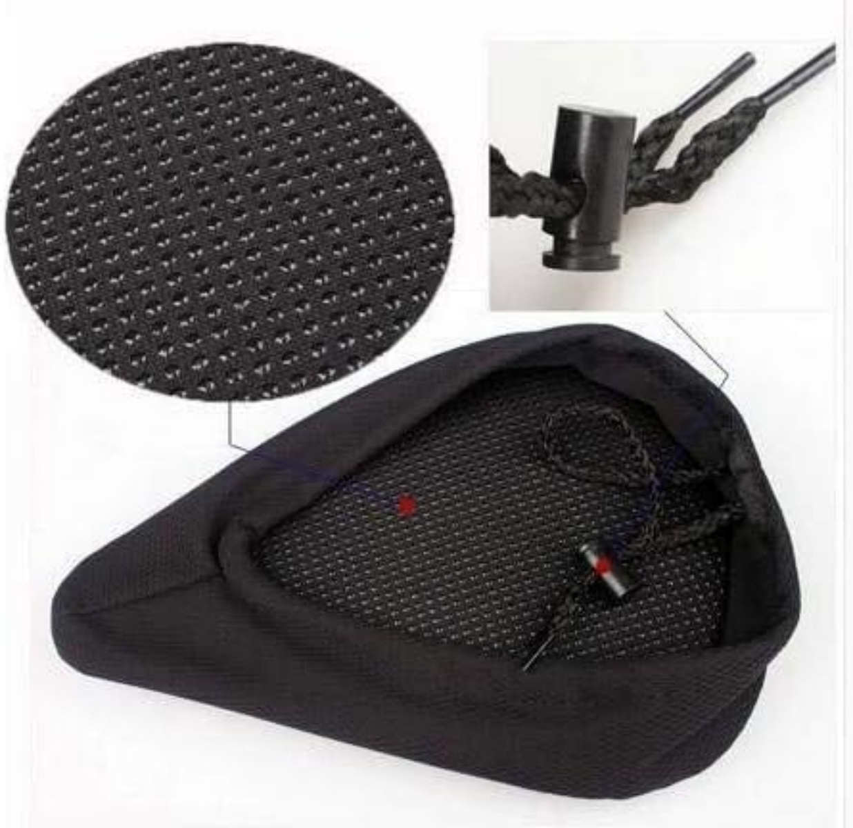 Schwarzer Netzbezug mit Kordelzug und Stopper. Detailaufnahme des Materials.