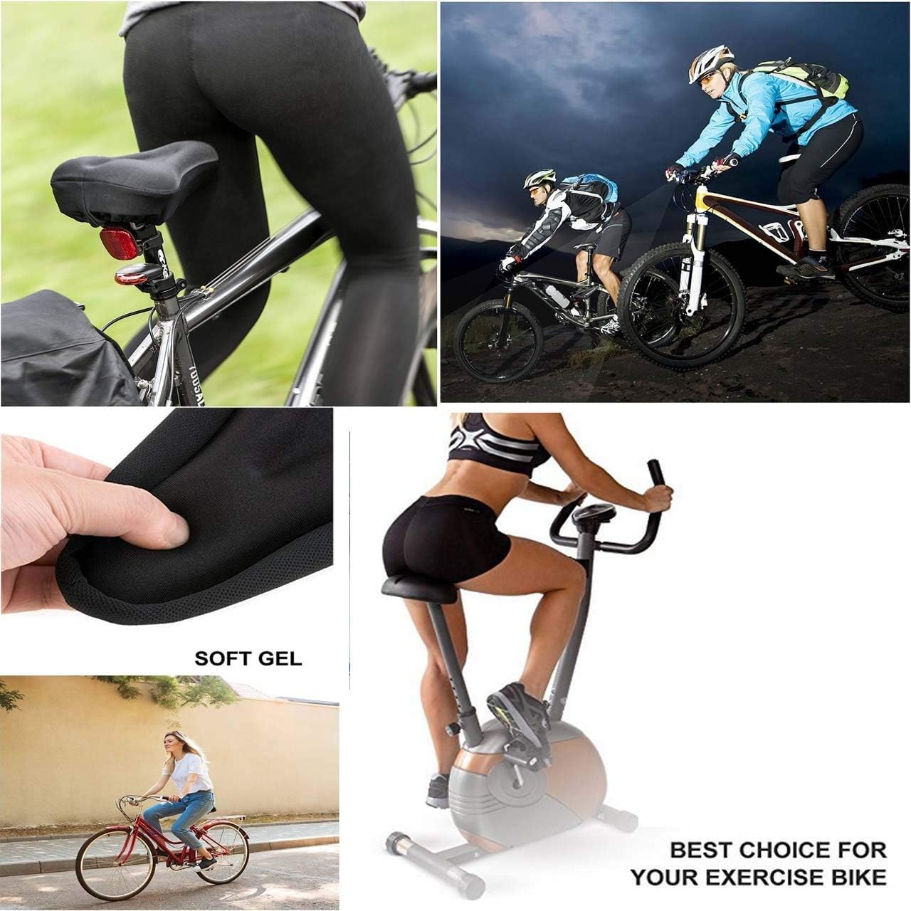 Fünf Bilder von Fahrradzubehör und Trainingsgeräten.
