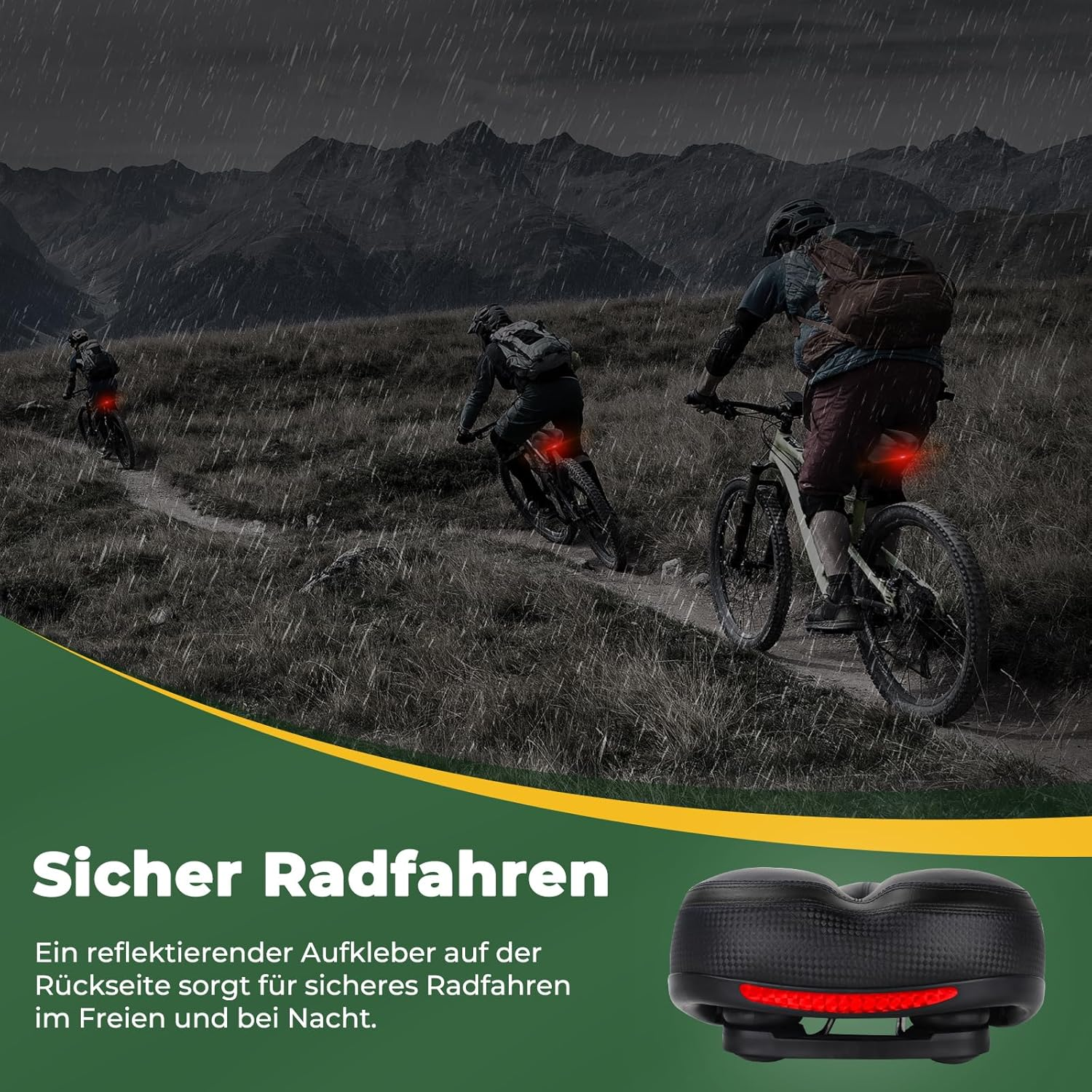 Mountainbiker fahren bei Regen auf einem Feldweg. Ein Fahrradsattel ist abgebildet.