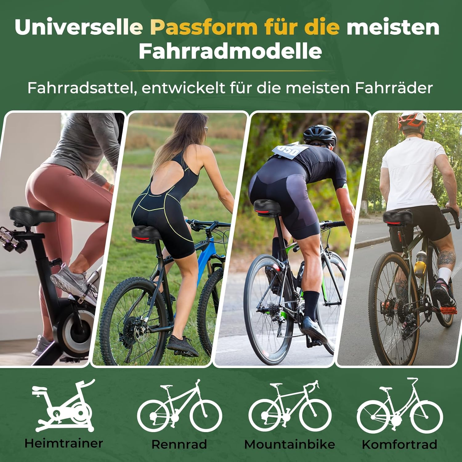 Vier Radfahrer auf verschiedenen Fahrrädern und ein Heimtrainer.