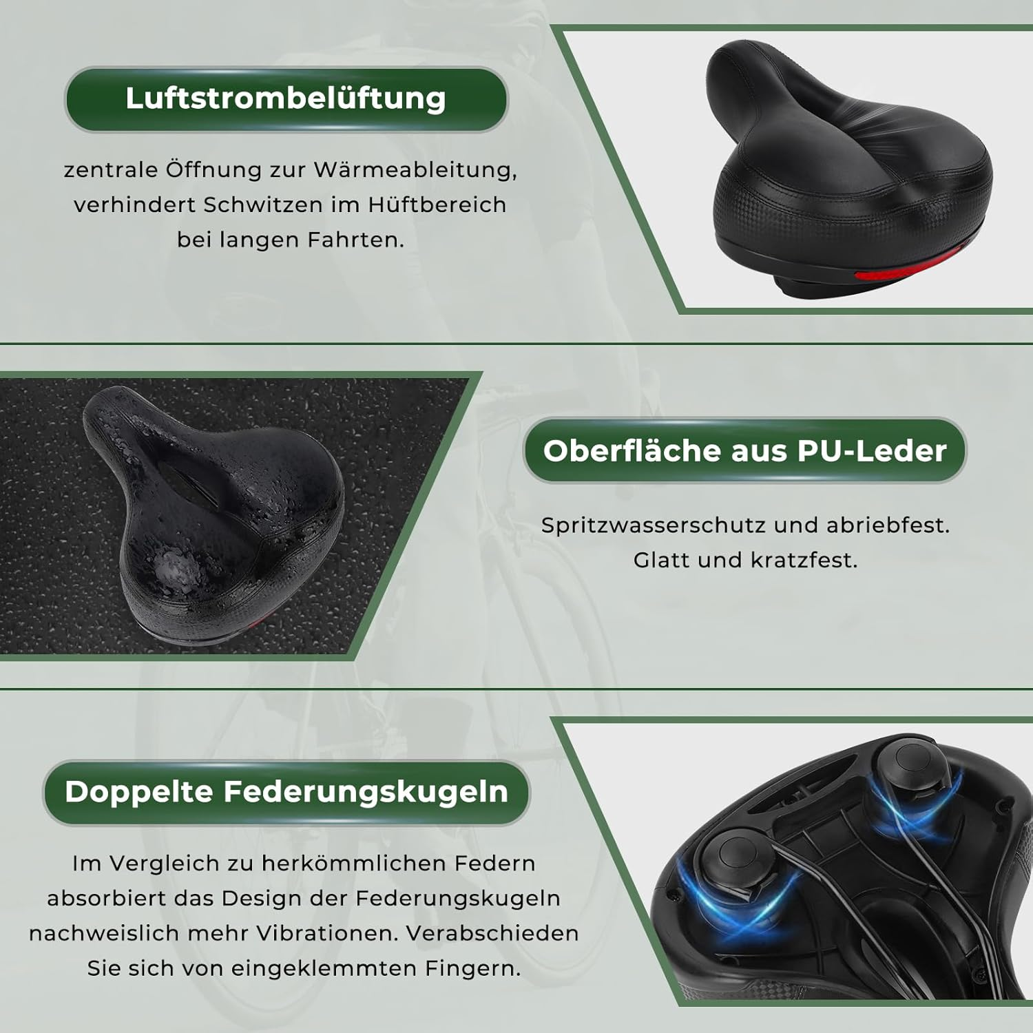 Ein Fahrradsattel mit Belüftung, PU-Leder und doppelten Stoßdämpfern.