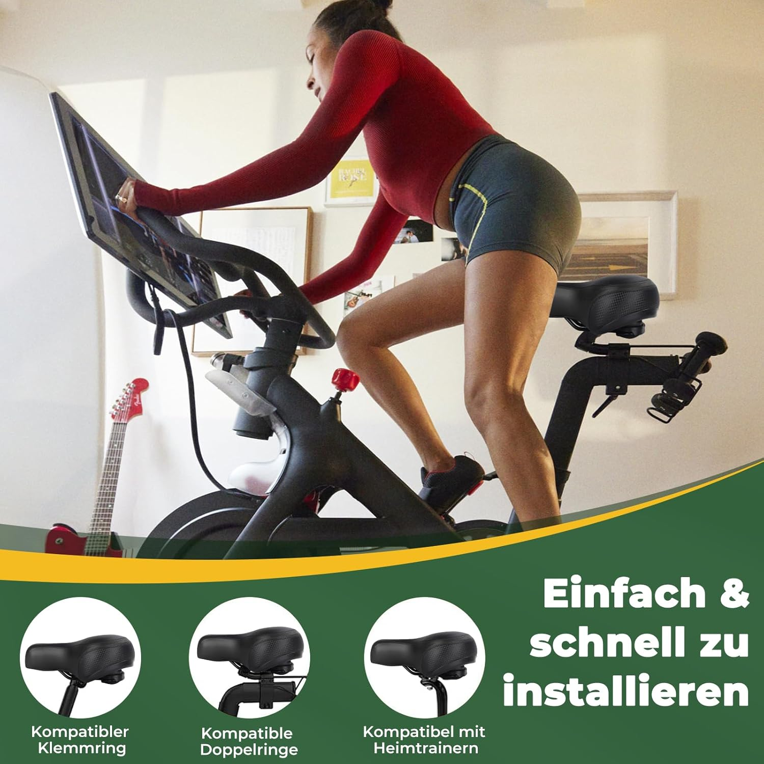 Frau auf Heimtrainer mit Gitarre im Hintergrund. Zeigt verschiedene Fahrradsättel.