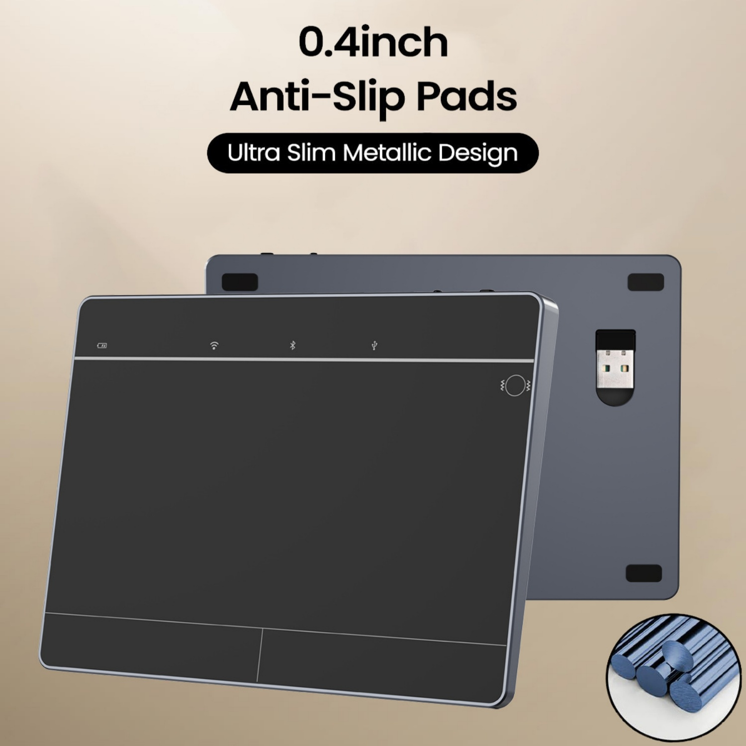 Schwarzer Touchpad mit USB-Empfänger, Text "0.4inch Anti-Slip Pads".