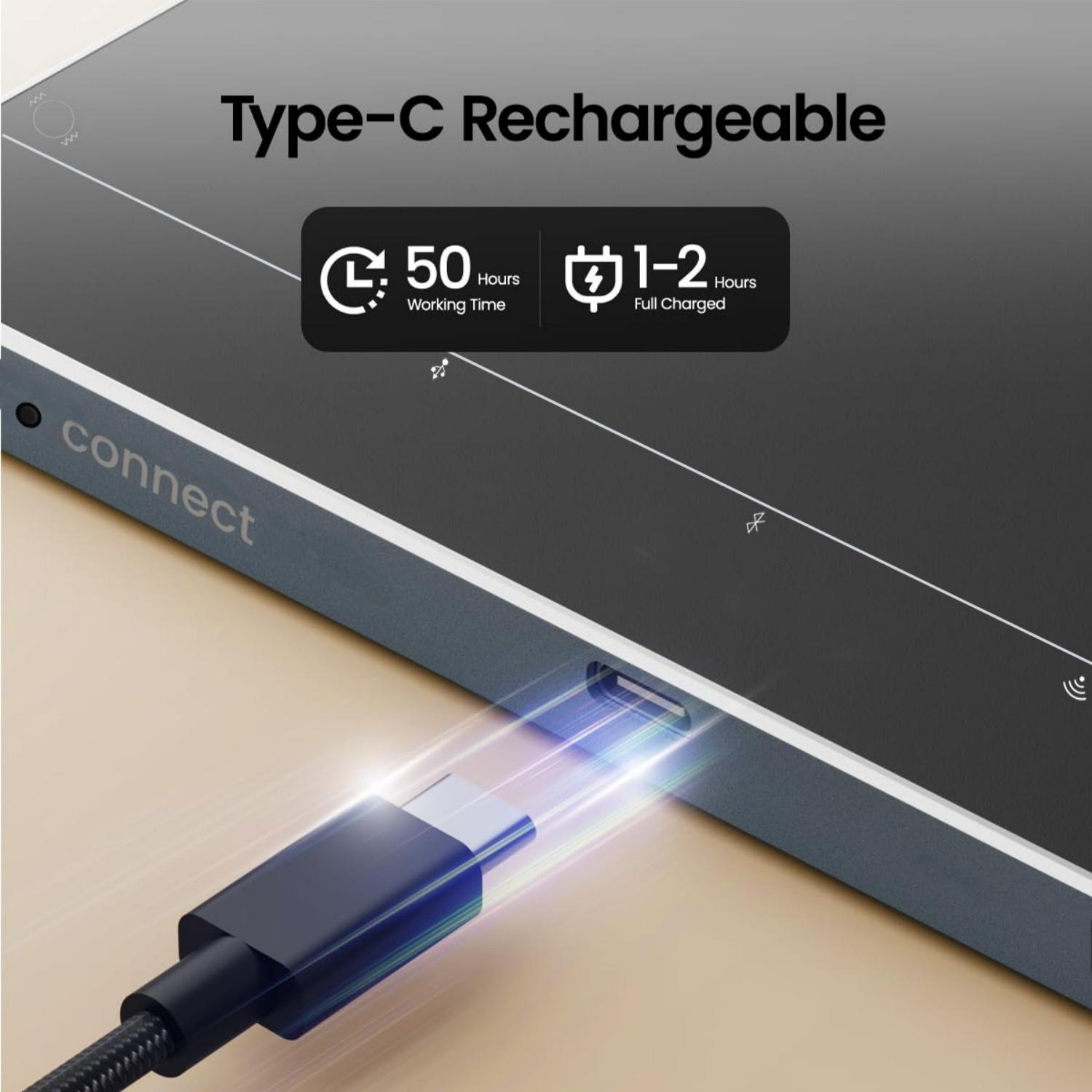 Ein Typ-C-Kabel wird in ein graues Gerät gesteckt. 50 Std. Laufzeit, 1-2 Std. Vollladung.