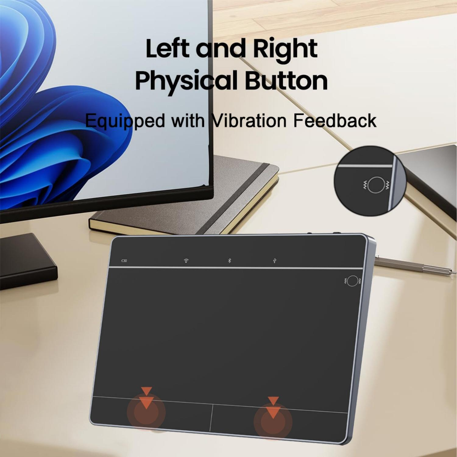 Grauer Touchpad mit physischen Tasten und Vibrationsfeedback.