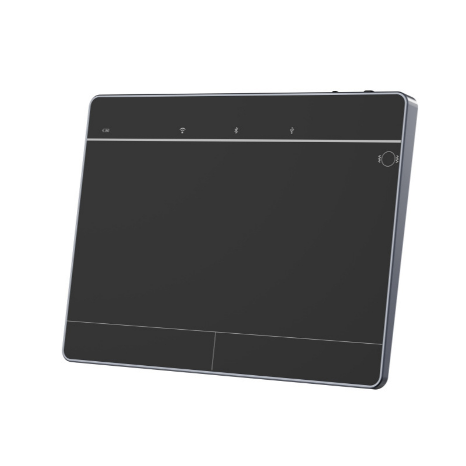 Schwarzes Touchpad mit silbernem Rahmen und Symbolen oben.