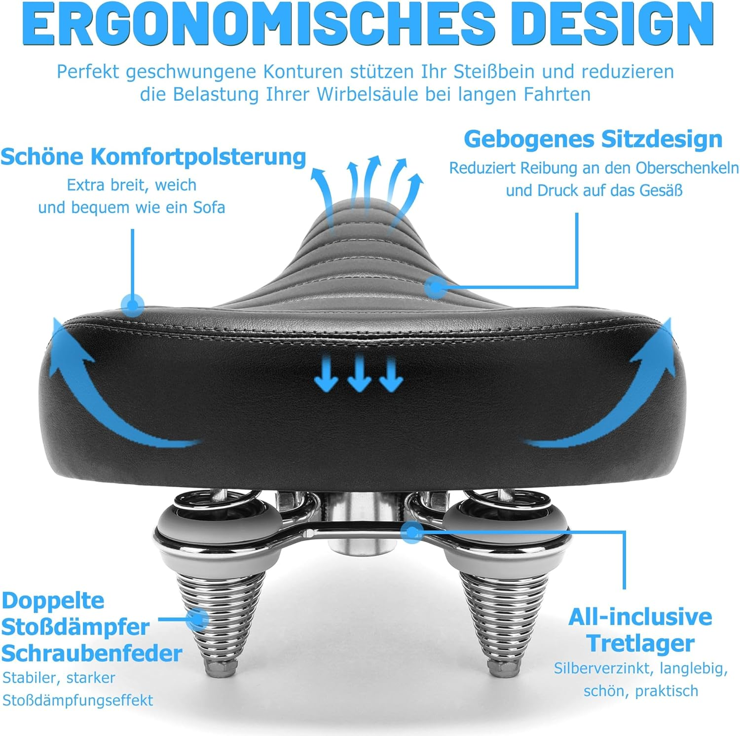Ergonomisches Fahrradsatteldesign mit Komfortpolsterung und doppelten Stoßdämpfern.