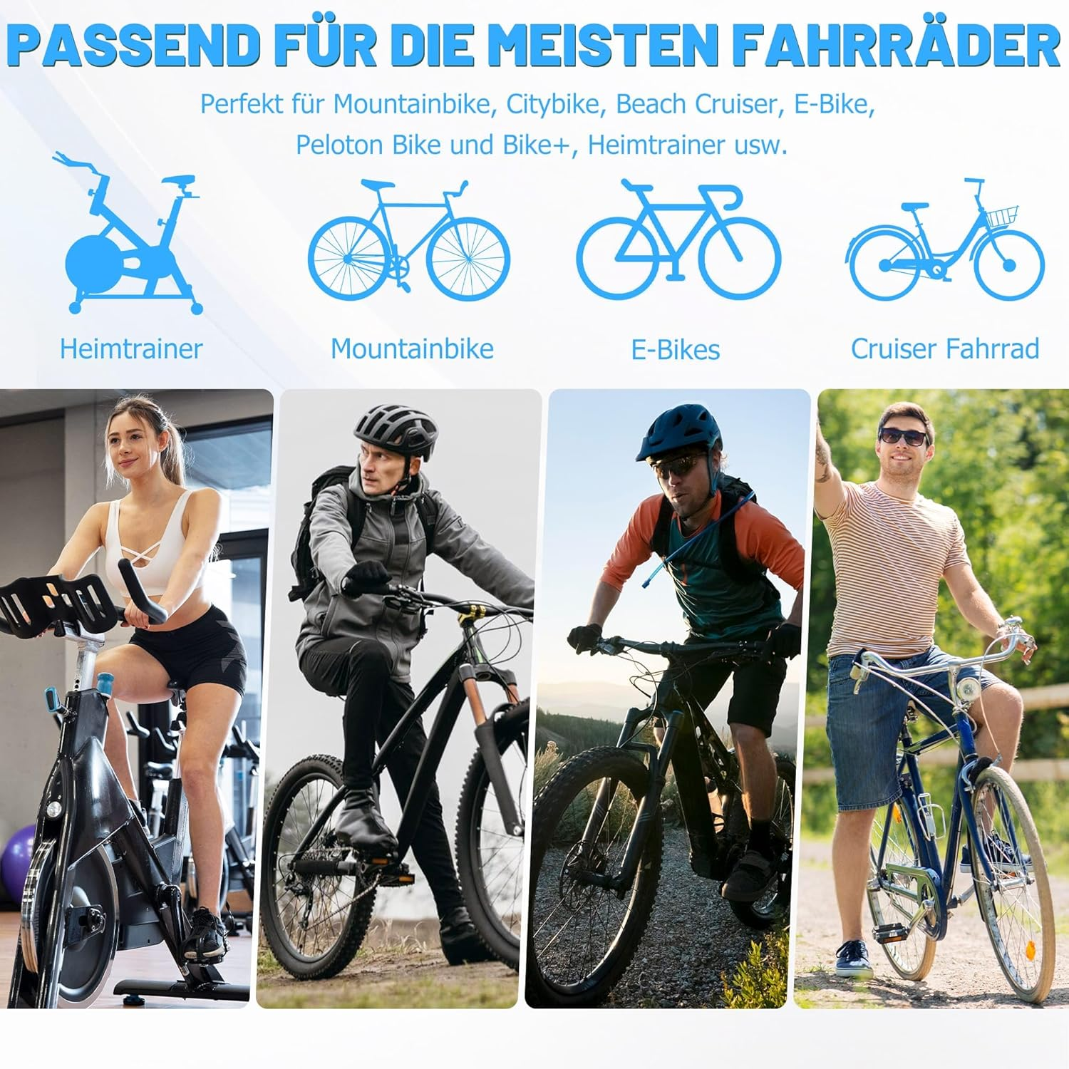 Collage zeigt vier Fahrradtypen: Heimtrainer, Mountainbike, E-Bike, Cruiser.