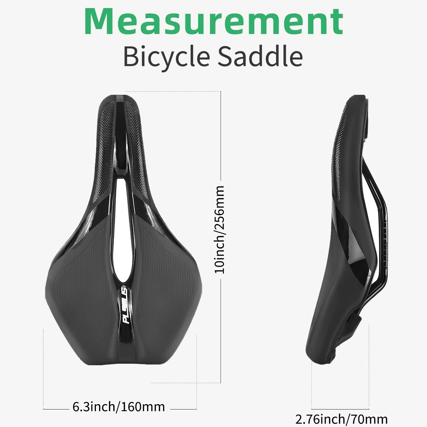 Schwarzer Fahrradsattel mit Maßen: 160mm Breite, 256mm Länge, 70mm Höhe.