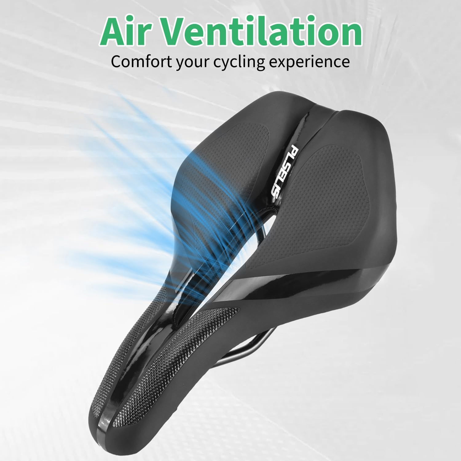 Schwarzer Fahrradsattel mit Luftstrom-Grafik. "Air Ventilation"
