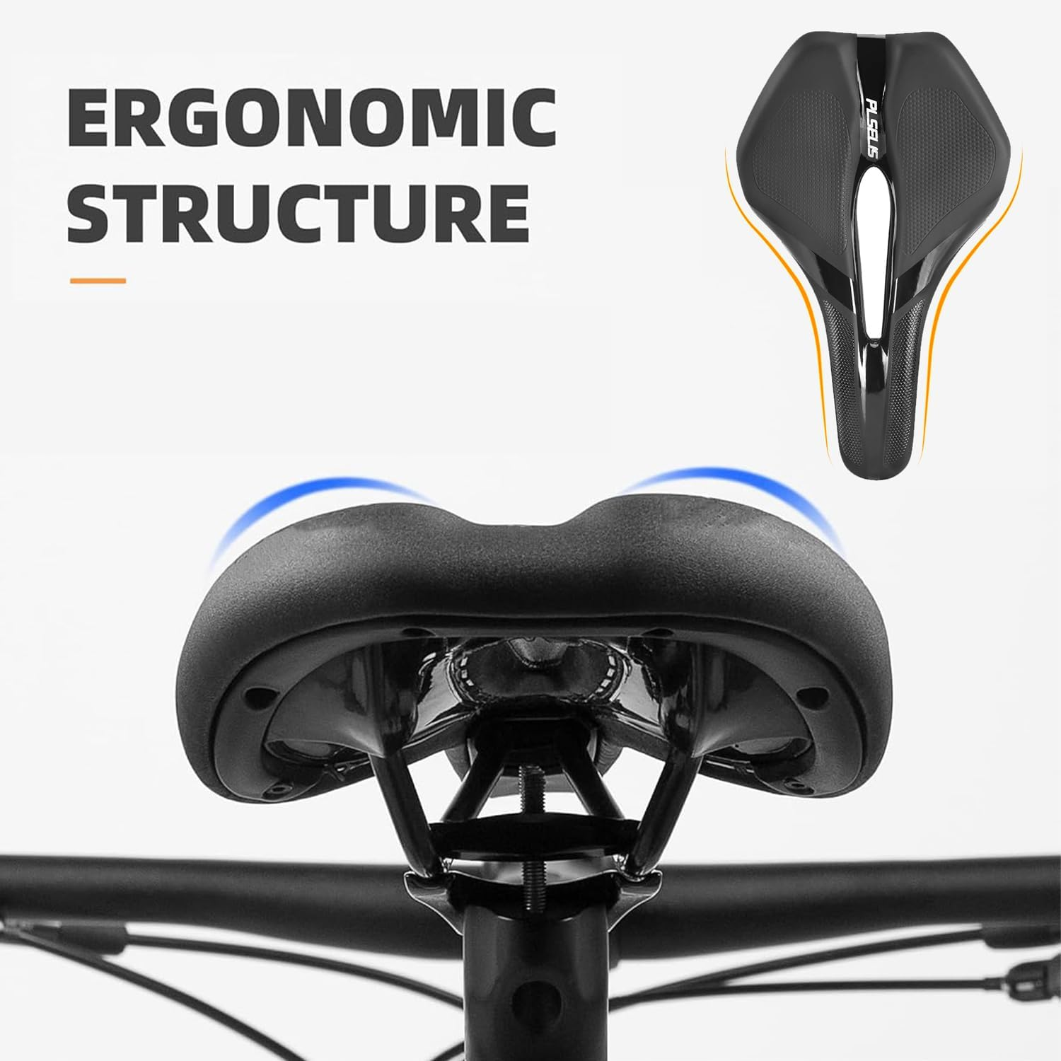 Ein schwarzer Fahrradsattel mit ergonomischer Struktur und blauen Akzenten.