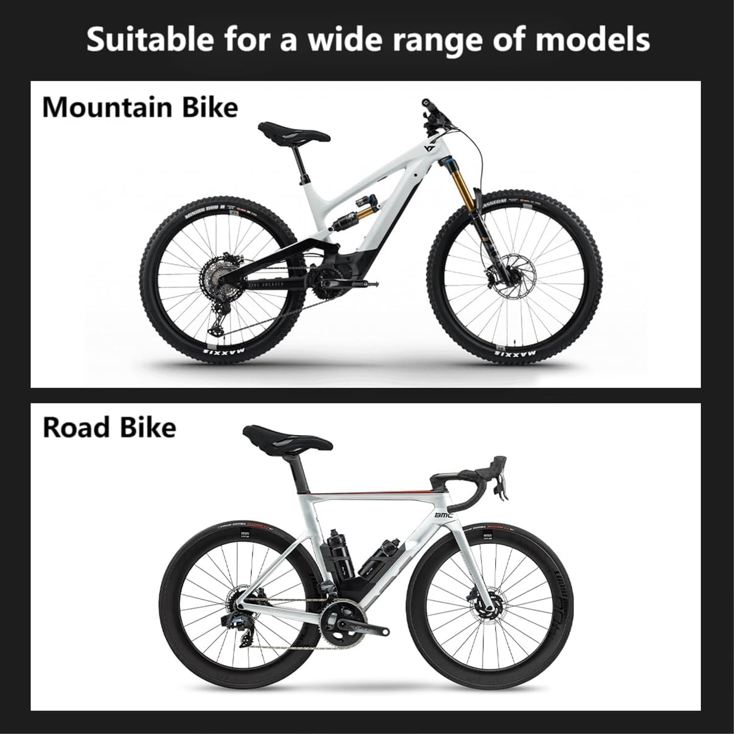 Ein weißes Mountainbike und ein weißes Rennrad werden nebeneinander gezeigt.