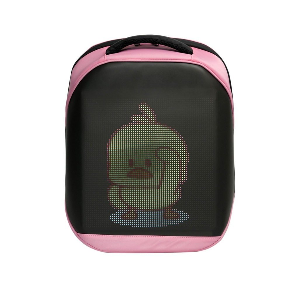 Sarı civciv emojisi gösteren siyah ön yüzlü pembe bir sırt çantası.